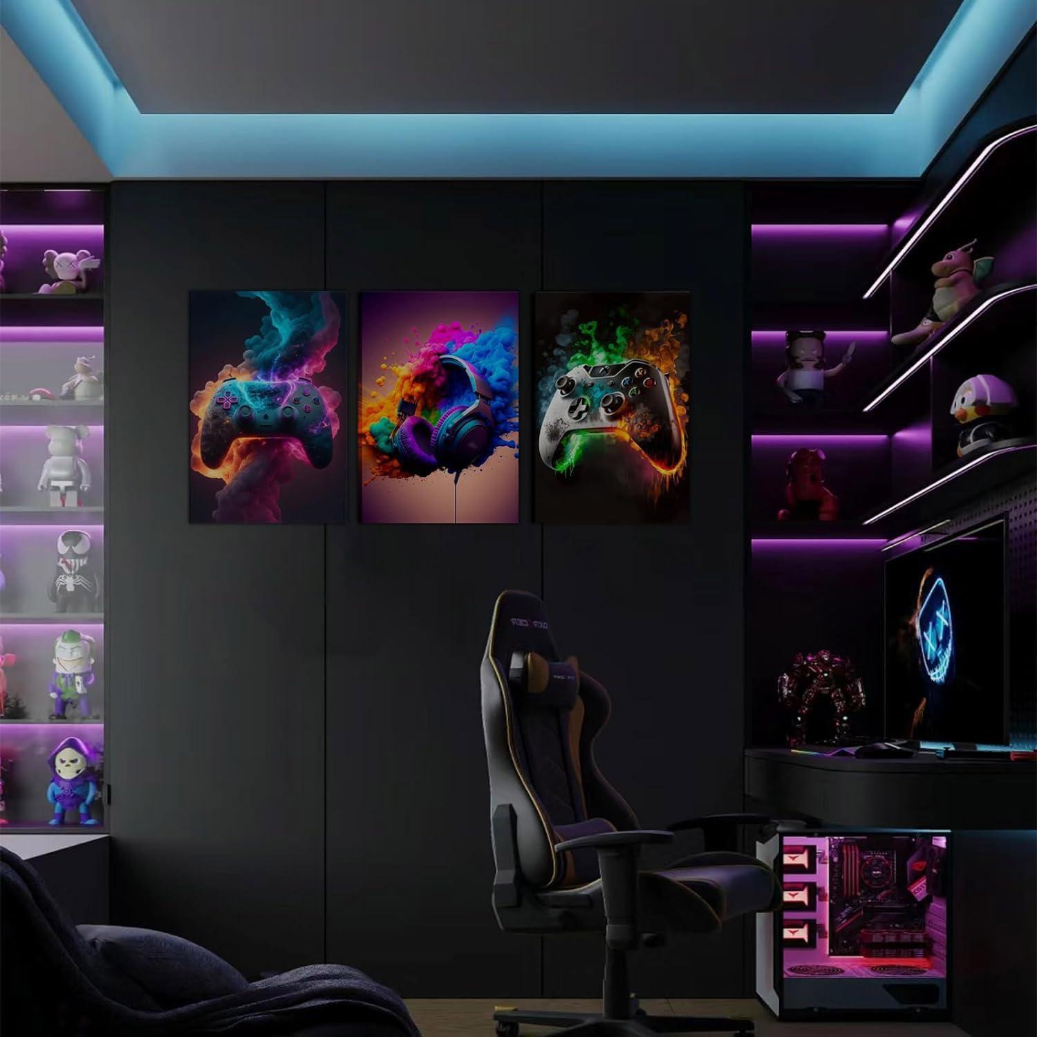 Gaming Room Decor Set of 3 - 12x16 Inch Framed Canvas Wall Art Posters for Teen Boys Bedroom | Video Game Themed Decorations for Gamers Room, Man Cave & Game Room Aesthetics