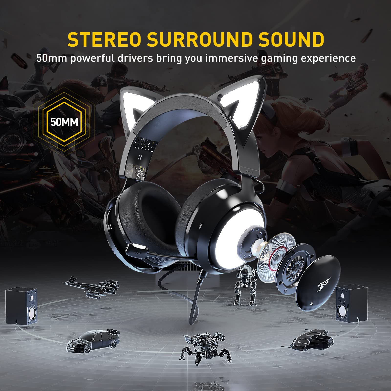 SOMiC GS510 Cat Ear Gaming Headset with Retractable Mic - 3.5mm Wired Noise Cancelling Headphones for Xbox One, PS5, PS4, PC (Black) - Perfect for Live Streaming, Gaming & Online Classes
