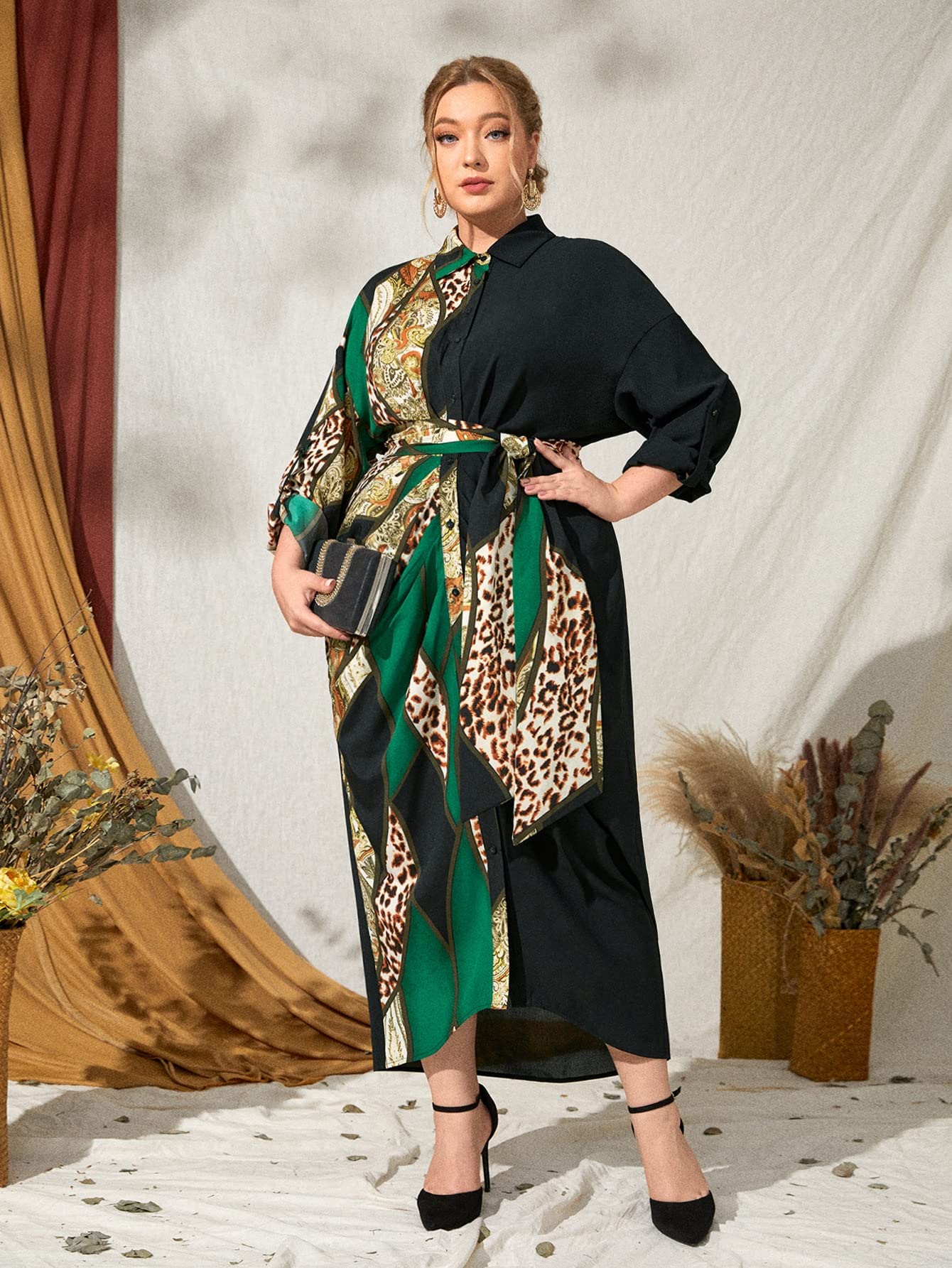 Plus Size Summer Dresses for Women - Floral & Leopard Print Roll Tab Sleeve Belted Shirt Dress (Multicolor, 0XL) | Casual Office Wear & Vacation Outfits