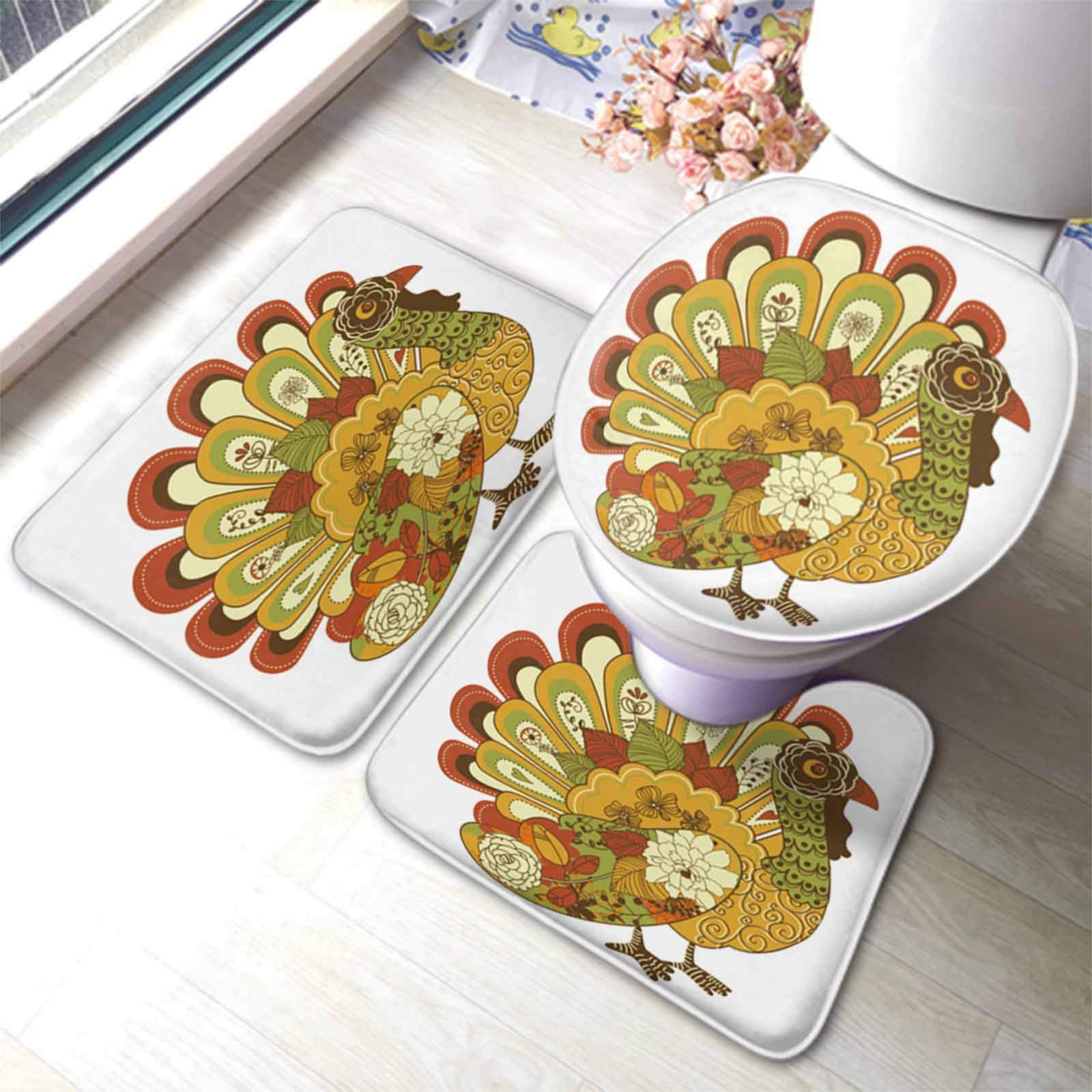 Premium 3-Piece Thanksgiving Turkey Bath Mat Set - Non-Slip Bathroom Rug, Toilet Lid Cover & Floor Mat - Holiday Home Decor for Bathroom, Kitchen, Laundry Room