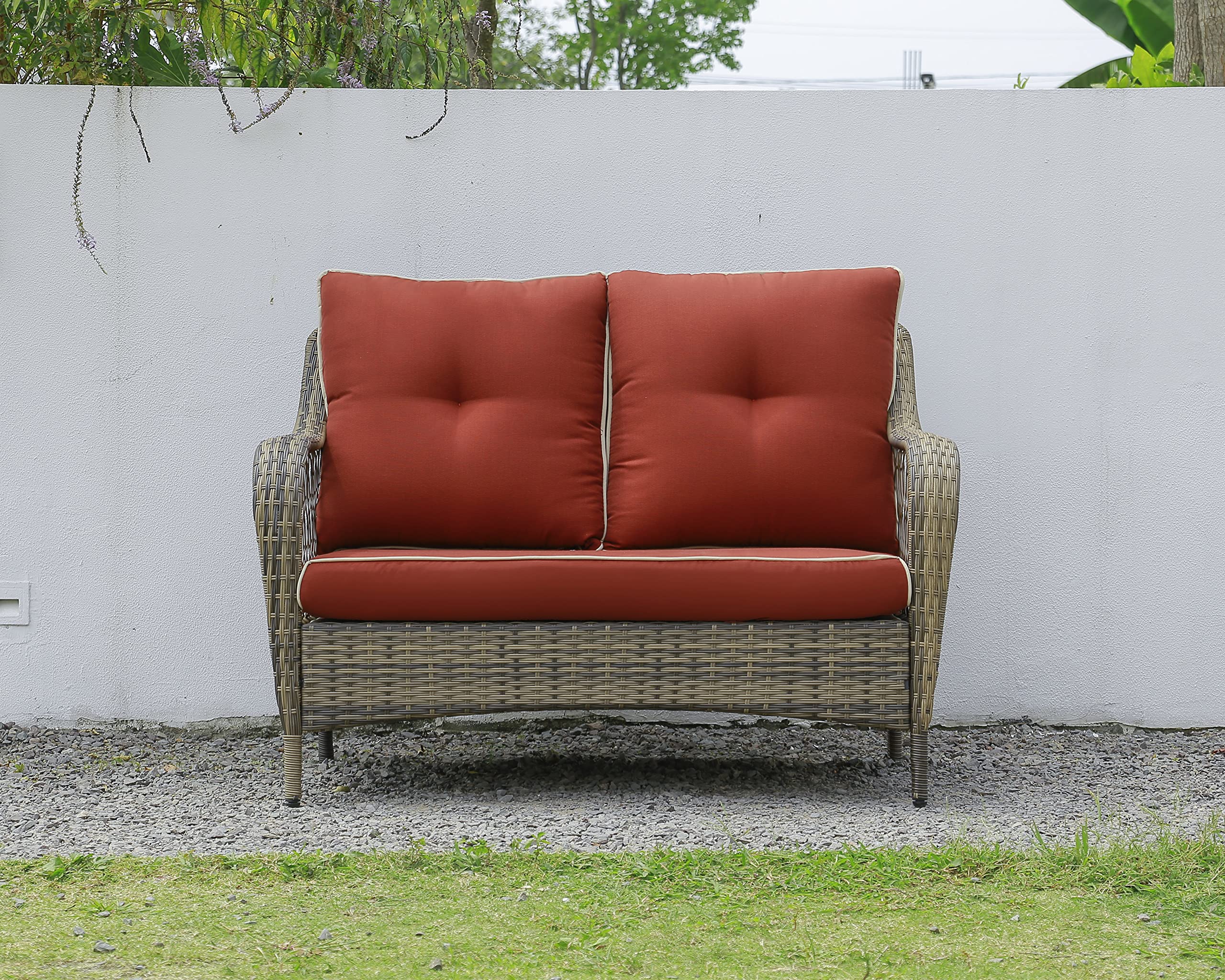 N&V 3-Piece Outdoor Bistro Set - Rattan Patio Conversation Furniture with Cushions for Balcony, Garden, or Deck (Red Loveseat, Beige & Green Options) - Perfect for Relaxing, Entertaining, and Outdoor Dining