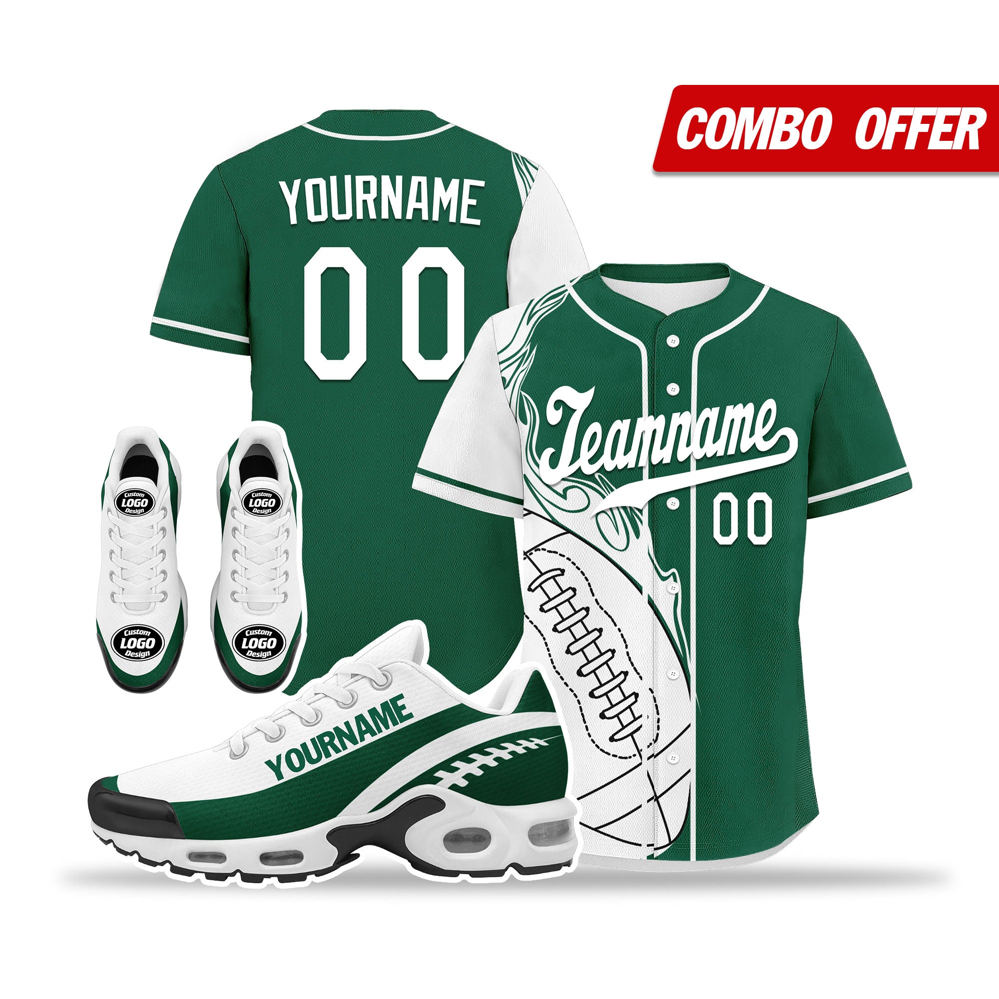 Custom Green & White Personalized Jersey with TN Shoes Combo - D0200101 | Sports Fan Gear for Football, Basketball & Casual Wear