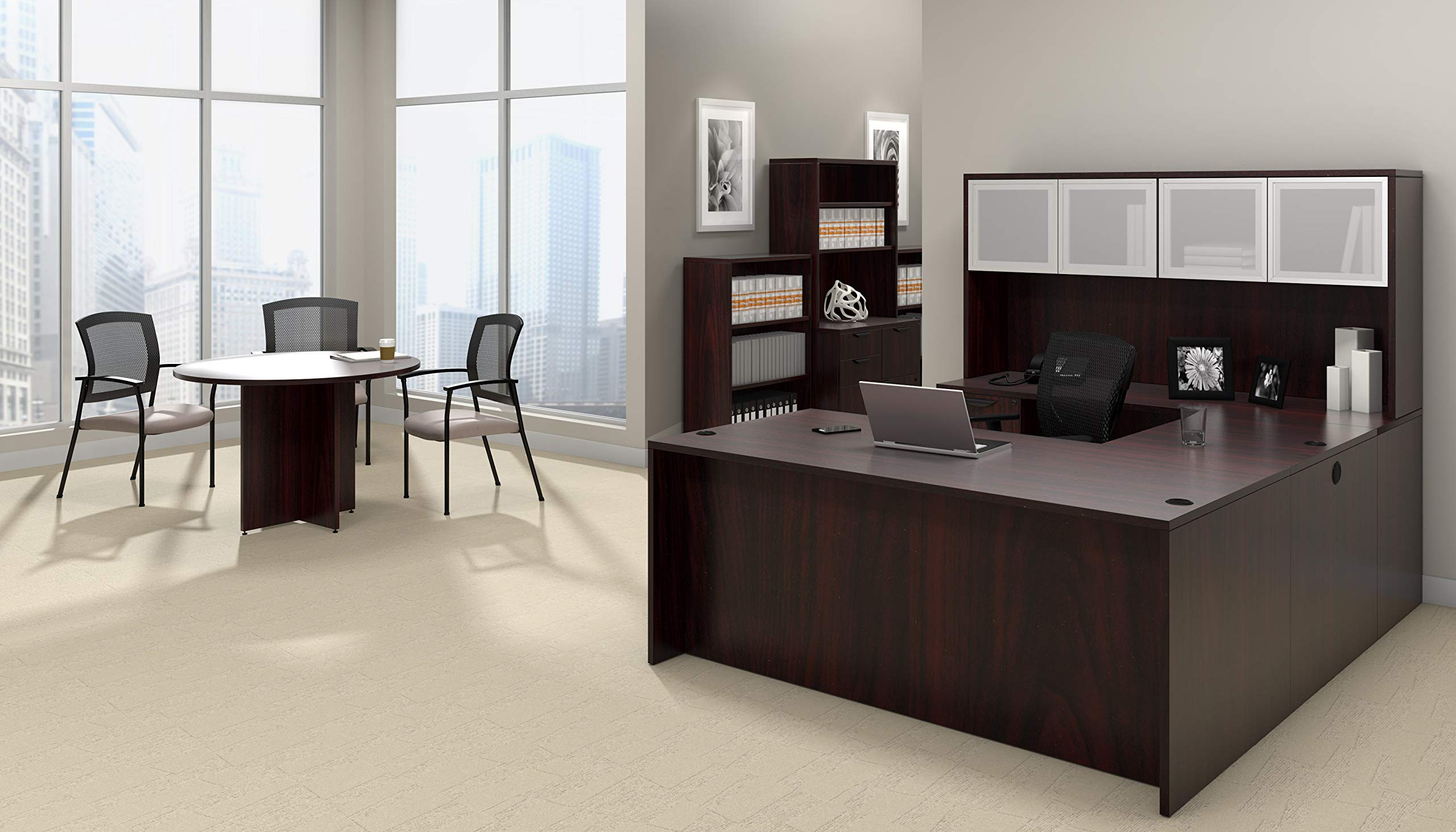 GOF Double 4-Person Workstation Cubicle Office Partition - 11'D x 12'W Mahogany Room Divider Desk | Perfect for Open Office Spaces, Coworking Areas & Home Offices