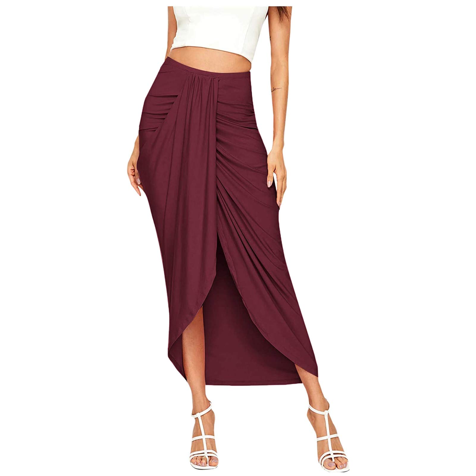 Women's Maxi Skirt - Draped Casual Wrap Waist Skirt with High Slit & Elastic Waistband - Asymmetrical Solid Wine Color for Summer, Beach, Party & Office Wear