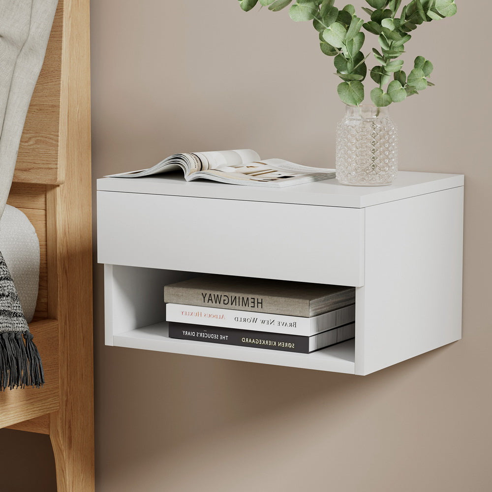 Floating Bedside Table Nightstand - White Wooden Shelf for Bedroom, Living Room, Office | Space-Saving Modern Design for Small Spaces
