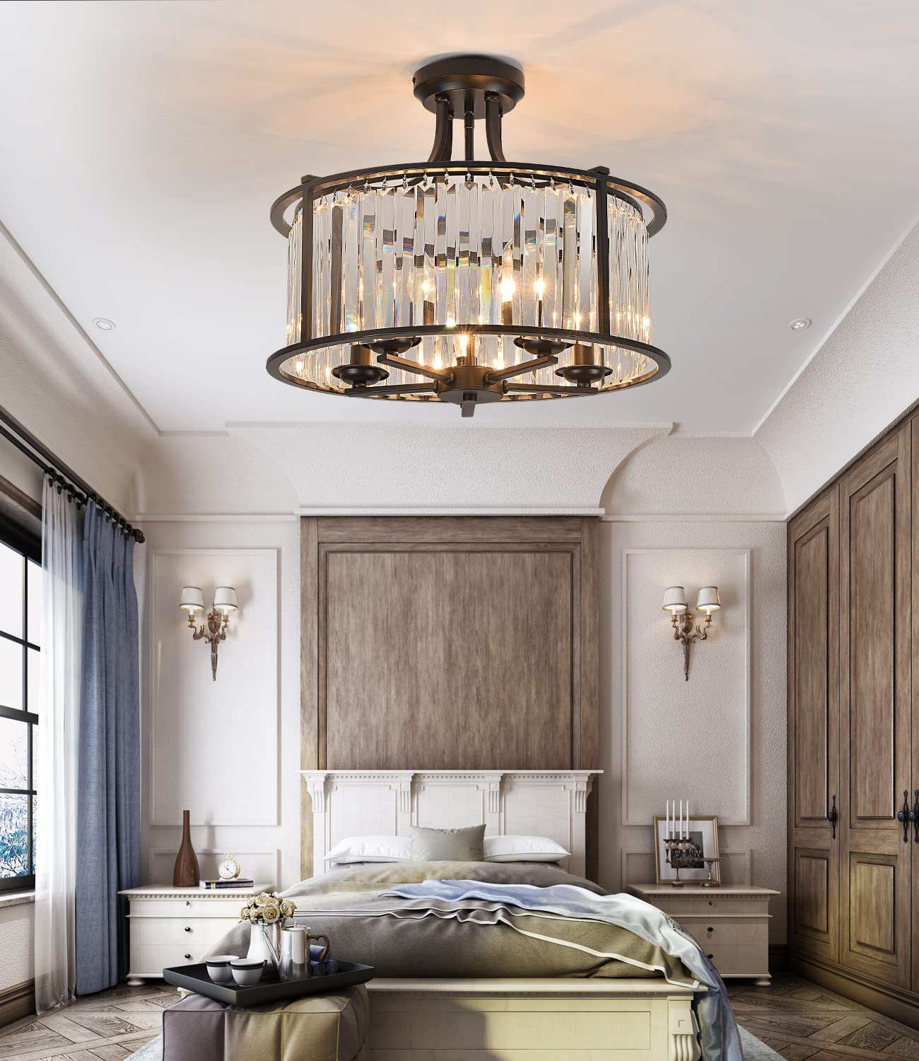 5-Light Black Semi Flush Mount Crystal Chandelier - Modern Metal Ceiling Light Fixture for Living Room, Dining Room, Kitchen, Bedroom, Foyer & Hallway - 19.69