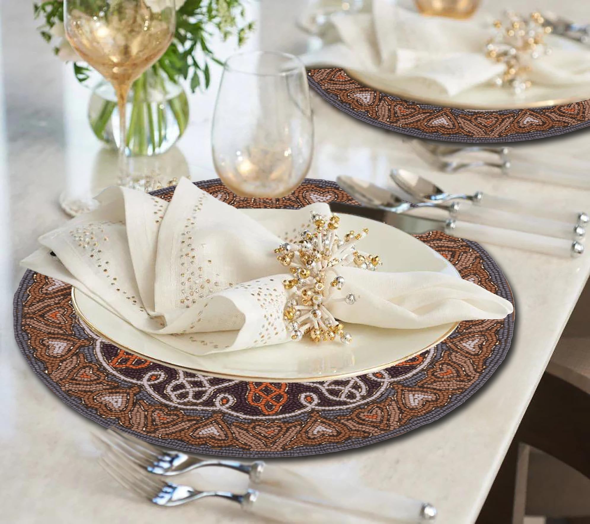 Decozen Orange Gray Beaded Placemats Set of 2 - 14 Inch Round Heat Resistant & Scratch Proof Table Mats for Dining Table, Coffee Table, Kitchen Decor - Perfect for Holiday Dinners, Parties & Everyday Use