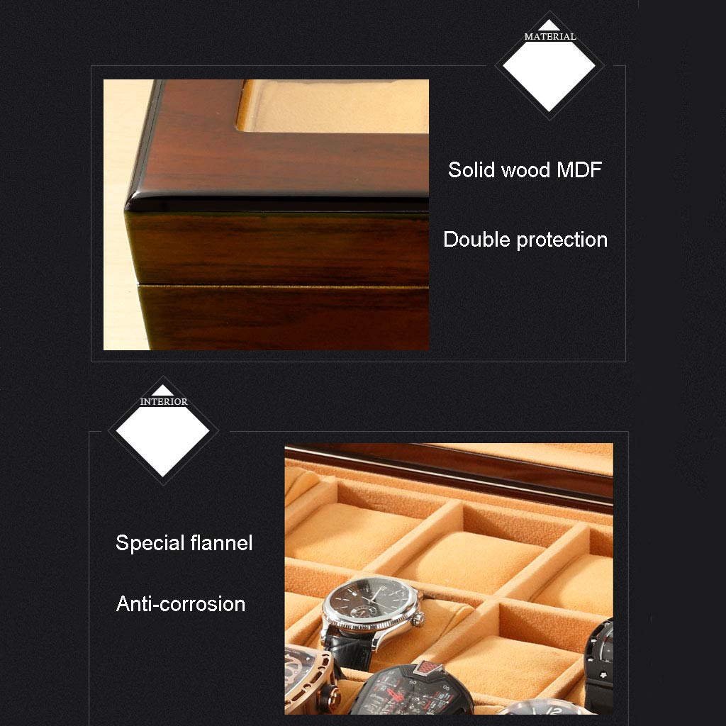 12-Slot Wooden Watch Box with Glass Top - Velvet Lined Jewelry & Watch Storage Case with Lock & Cushions - Perfect Gift for Watch Collectors & Jewelry Organization at Home or Office