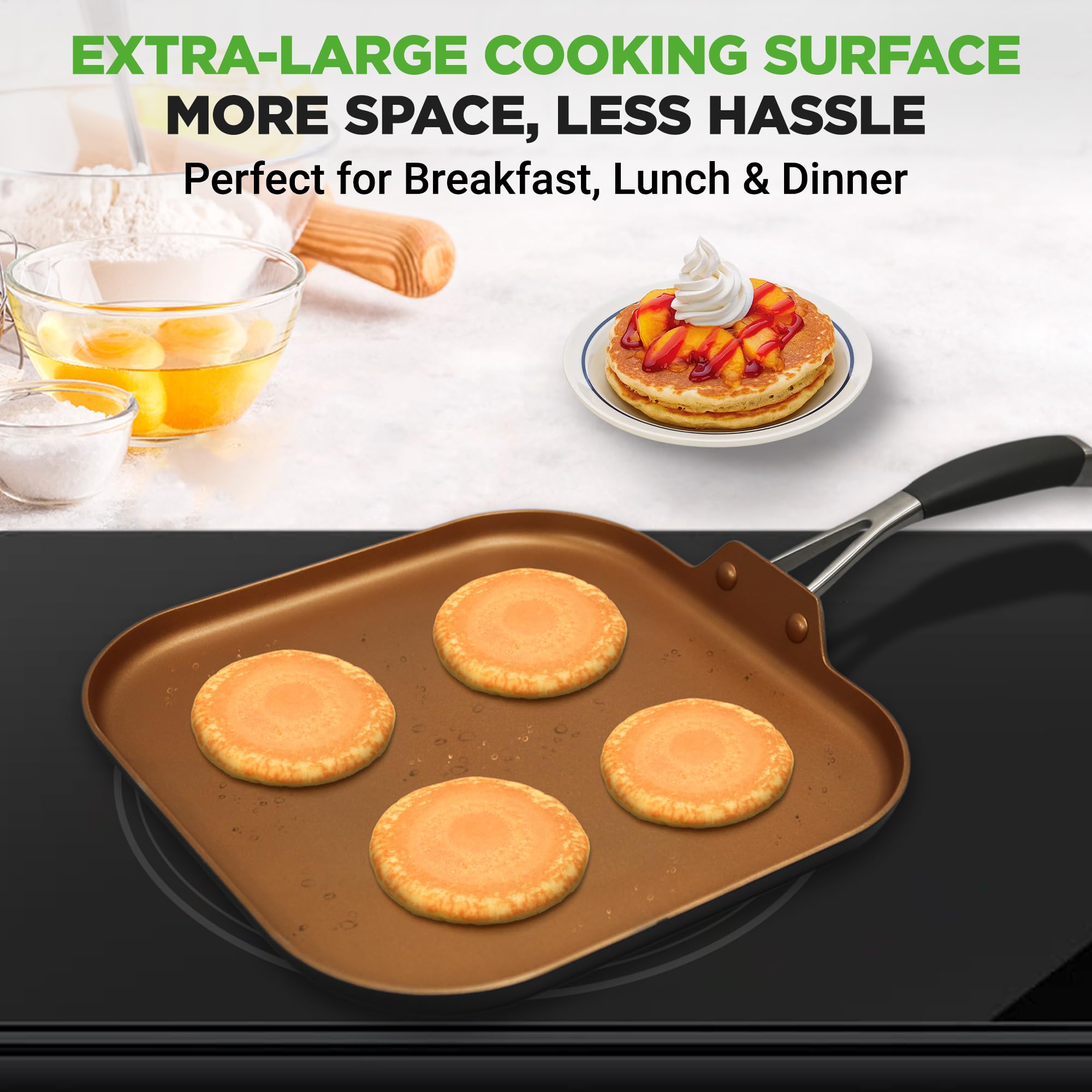 NutriChef Non-Stick Copper Frying Pan with Hard-Anodized Exterior & Heat-Resistant Silicone Handle - 1 Griddle for Perfect Pancakes, Eggs & Steaks - Ideal for Home Cooking, Camping & Outdoor BBQ