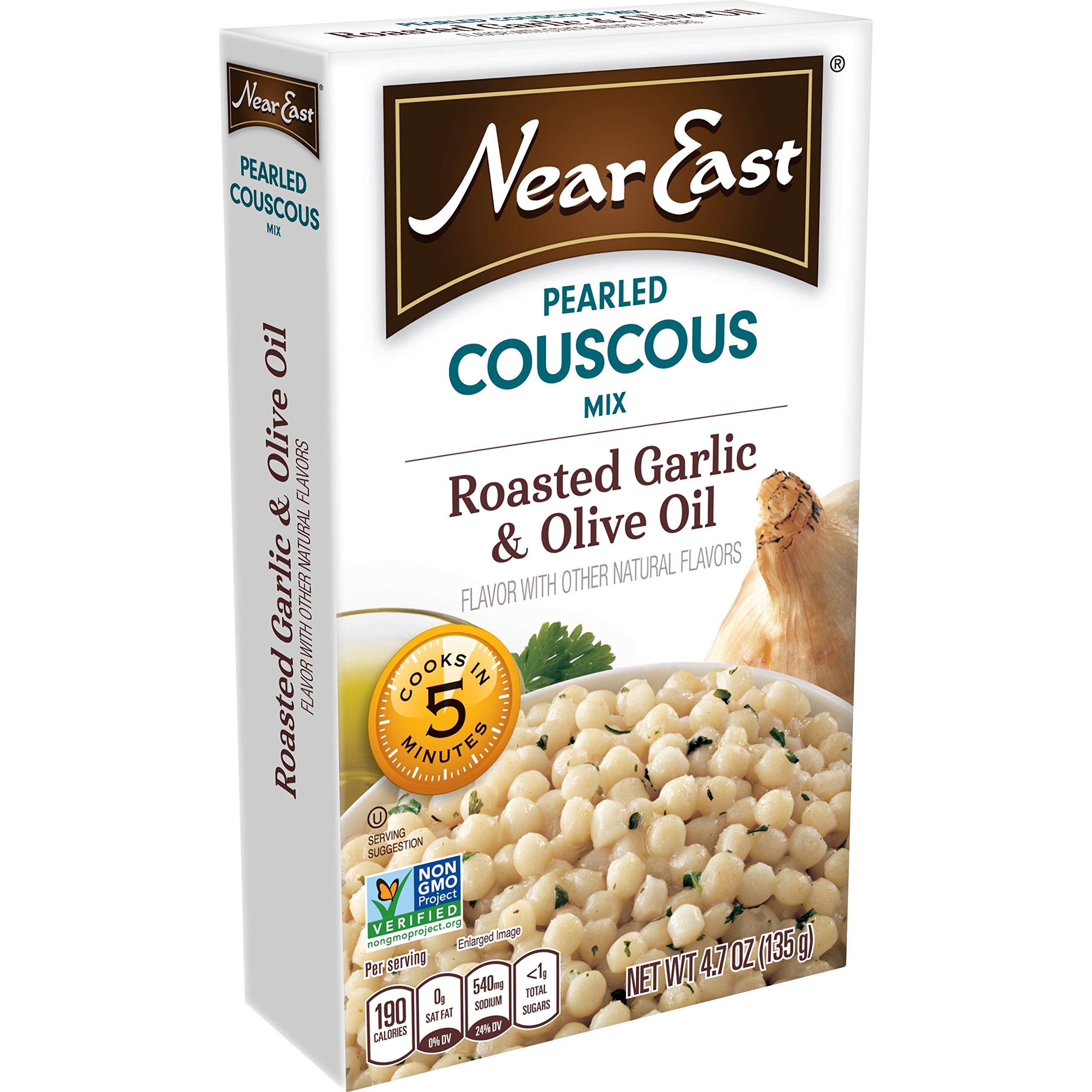 Near East Pearled Couscous, Roasted Garlic & Olive Oil Flavor, 4.7 oz (Pack of 6) - Perfect for Mediterranean Meals, Quick Lunches & Healthy Side Dishes