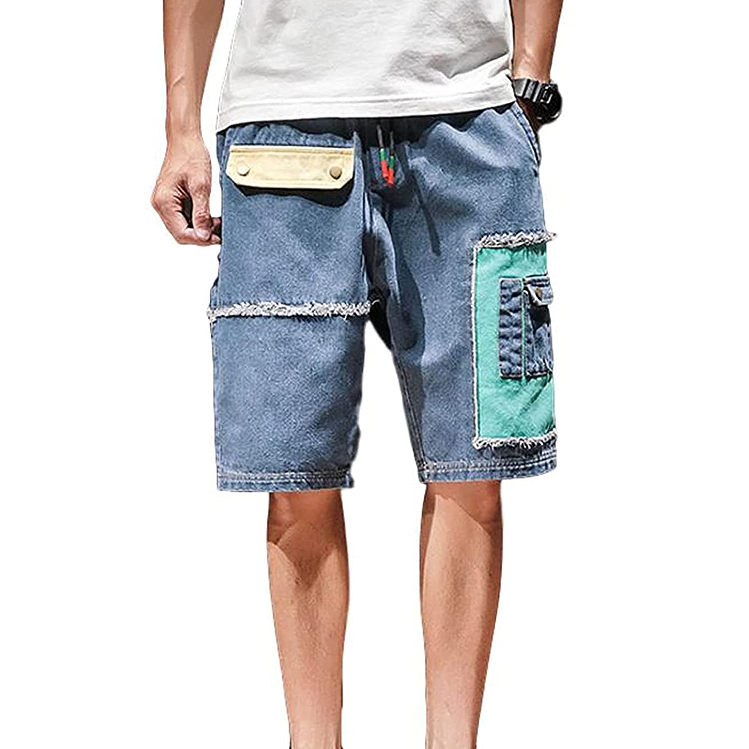 **Men's Stylish Plus Size Drawstring Jean Shorts - Multi-Pocket Denim Cargo Shorts for Casual, Loose Fit - Outdoor, Summer & Beach Wear (Blue, Medium)**    *Perfect for outdoor adventures, summer vacations, beach trips, and casual everyday wear.*
