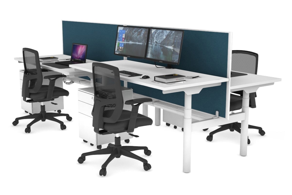 Flexi Premium Height Adjustable 4-Person H Bench Workstation - White Frame [1400L x 700W] - Ergonomic Office Desk for Collaborative Workspaces & Coworking Environments
