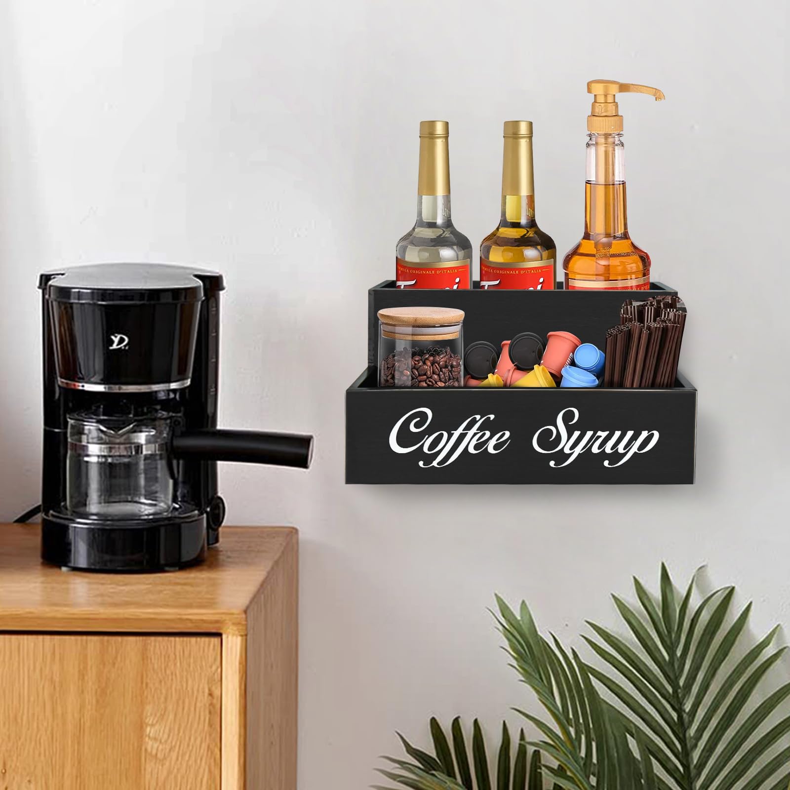 2-Tier Wooden Coffee Bar Organizer with 6 Syrup Bottles - Countertop Coffee Station Accessories for Espresso, Latte & Cappuccino - Farmhouse-Style Condiment Rack for Coffee Lovers (Perfect for Home Kitchens & Coffee Shops)