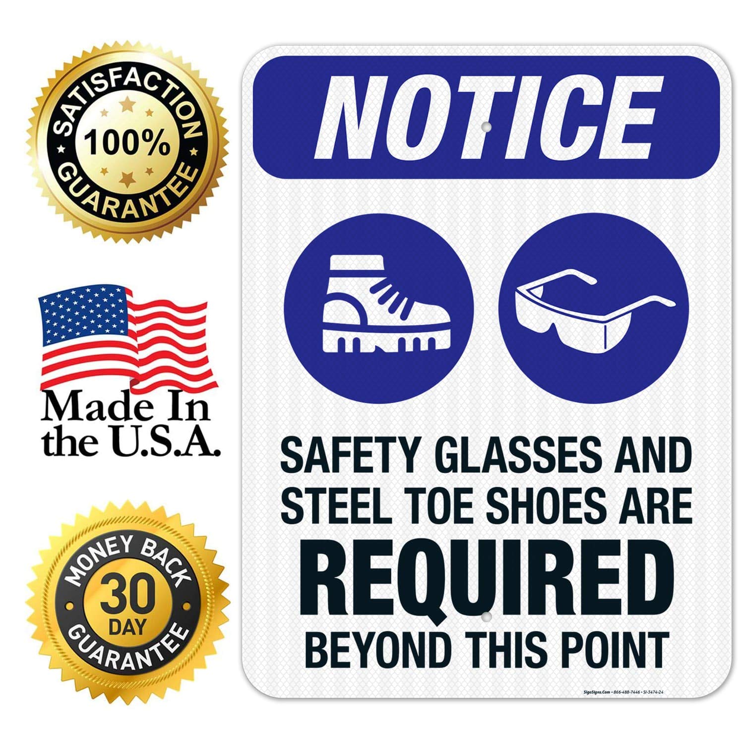 OSHA Safety Sign - 18x24 Inches, 'Safety Glasses & Steel Toe Shoes Required Beyond This Point', 3M EGP Reflective .080 Aluminum, Fade Resistant for Indoor/Outdoor Use - Made in USA | Perfect for Construction Sites, Warehouses & Industrial Facilities