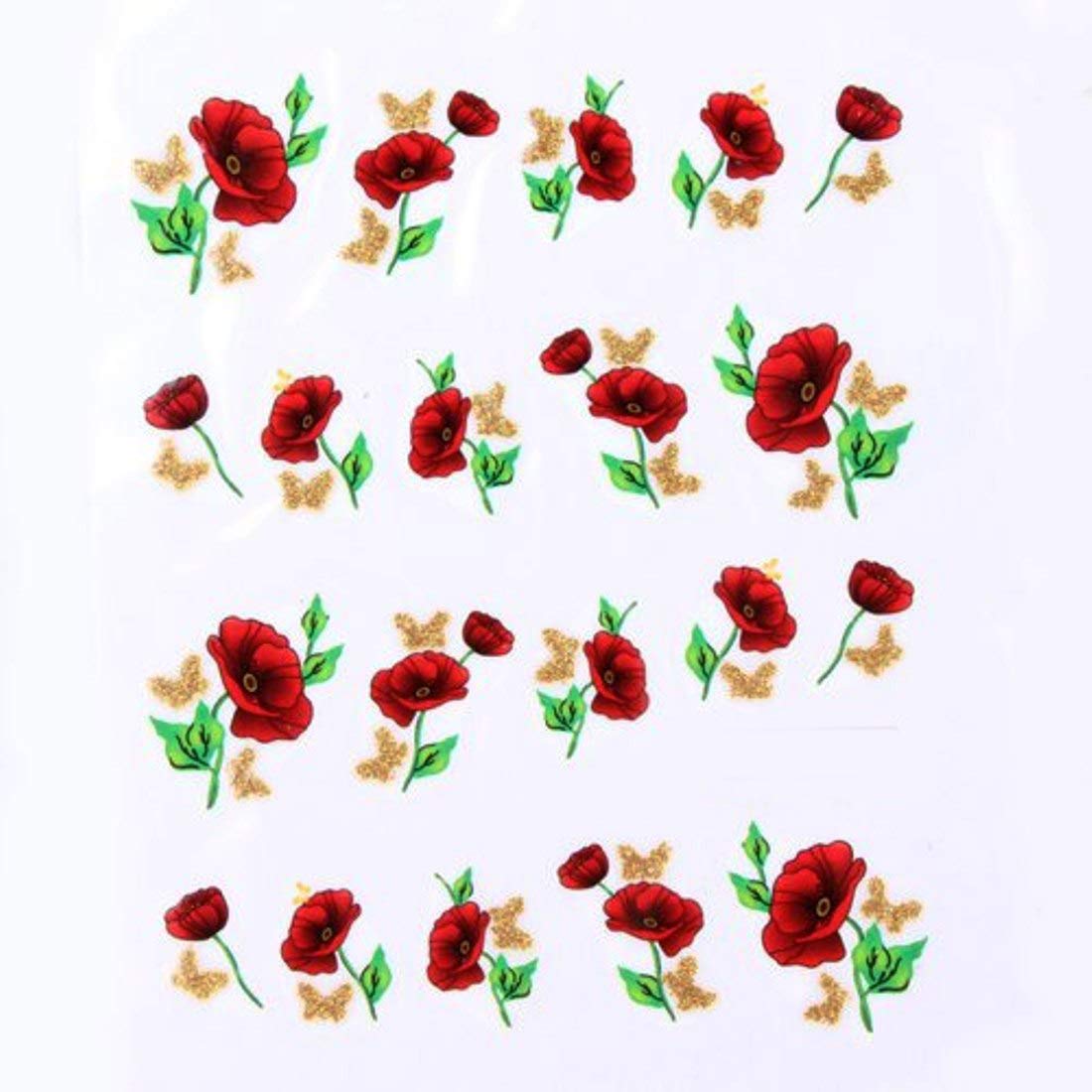 3D Golden Butterfly on Red Poppy Flower Nail Art Decals - Valentine's Day Love Manicure Water Transfer Stickers (6.2 x 5.2cm) for DIY Nail Design, Salon Nail Art, and Special Occasion Nail Decorations