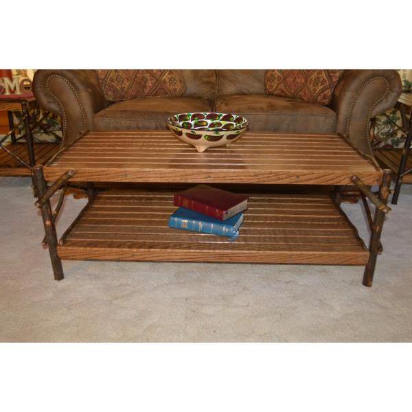 Solid Hickory Wood Coffee Table with Storage Shelf - Rustic Farmhouse Living Room Furniture for Home Decor & Entertainment Areas