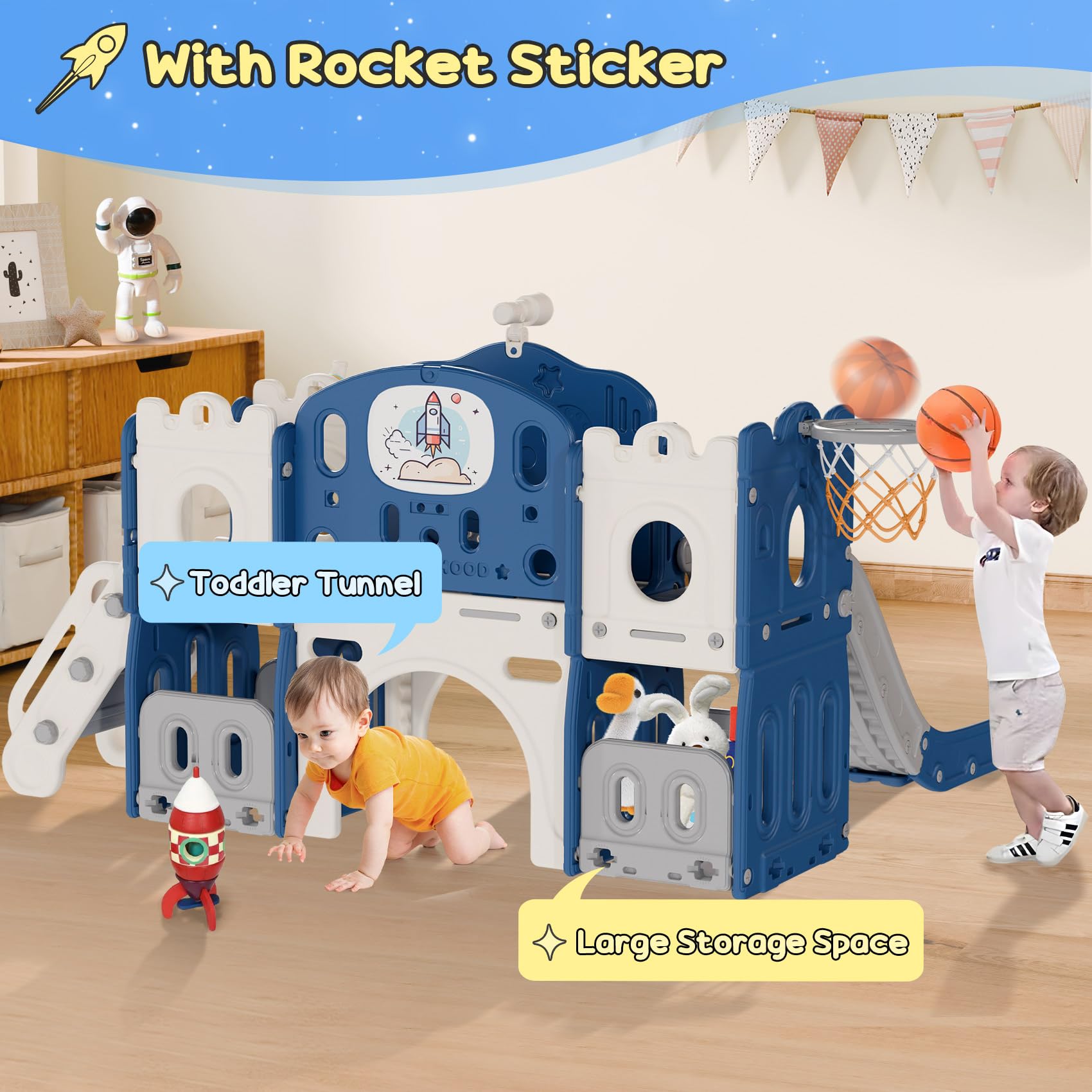 BIERUM 12-in-1 Astronaut Themed Toddler Slide Playset for Kids Ages 1-3 - Interactive Baby Slide with Basketball Hoop, Ring Toss & Space Decor (Blue-Gray) - Perfect for Indoor Playrooms, Backyards & Preschool Activities