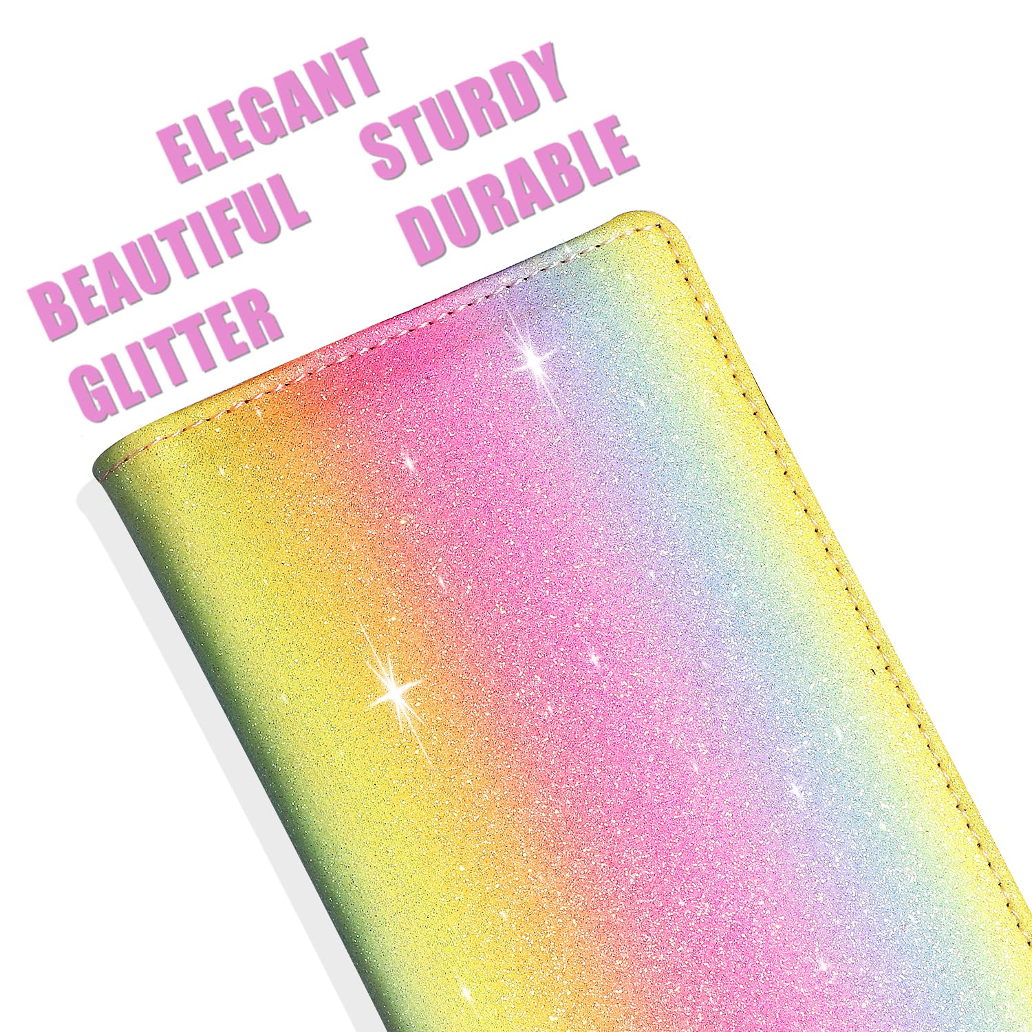 Sanlykate Glitter Checkbook Cover for Women & Girls - RFID Blocking PU Leather Checkbook Holder with Pen Loop & Free Divider - Rainbow Sparkle Design - Perfect for Office, School, Banking & Gift Giving