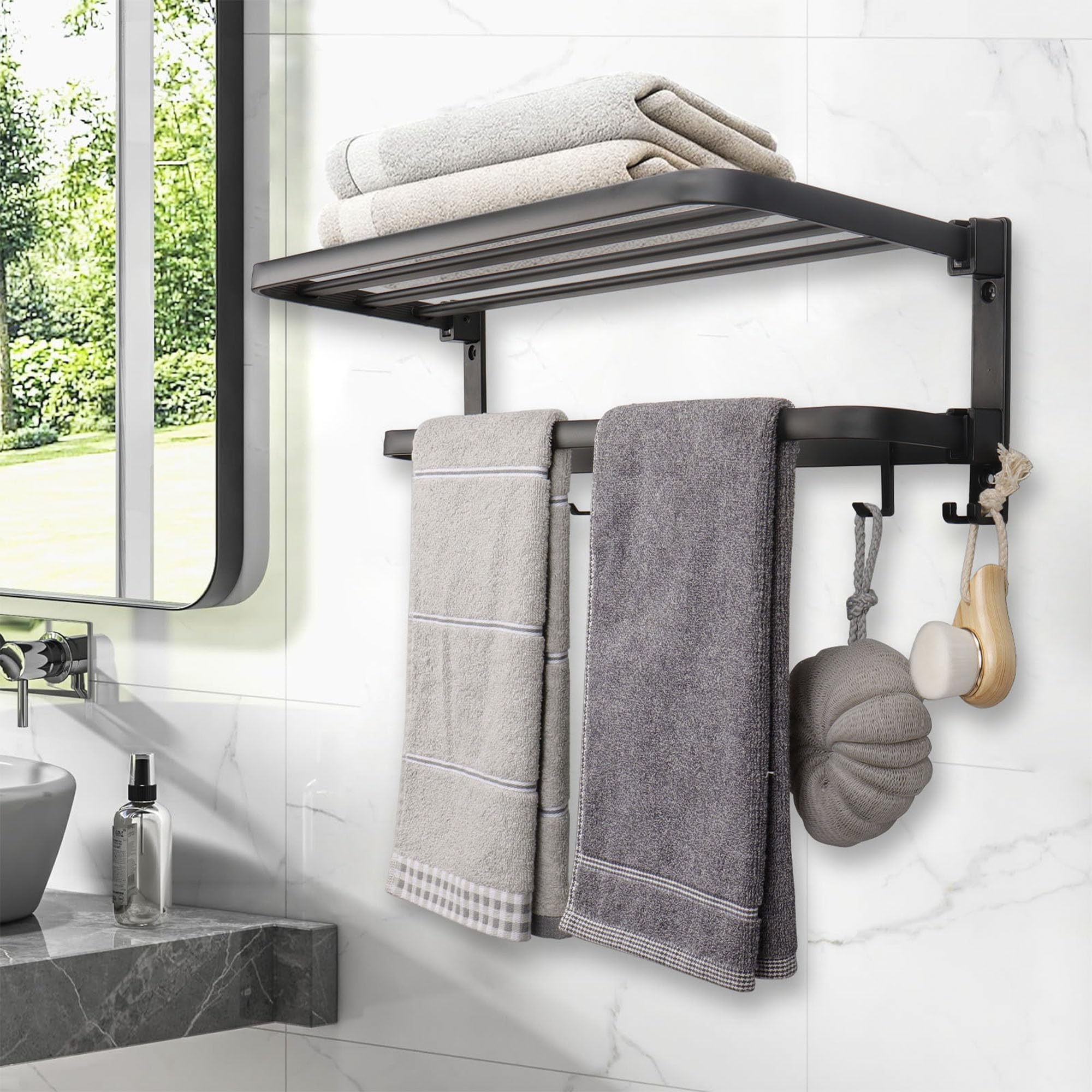 Foldable Stainless Steel Towel Rack for Bathroom - 24 Inch Double Towel Bars with 7 Hooks - Wall Mounted Space Saving Towel Holder - Perfect for Small Bathrooms, Laundry Rooms & Kitchen Towel Storage (Black)