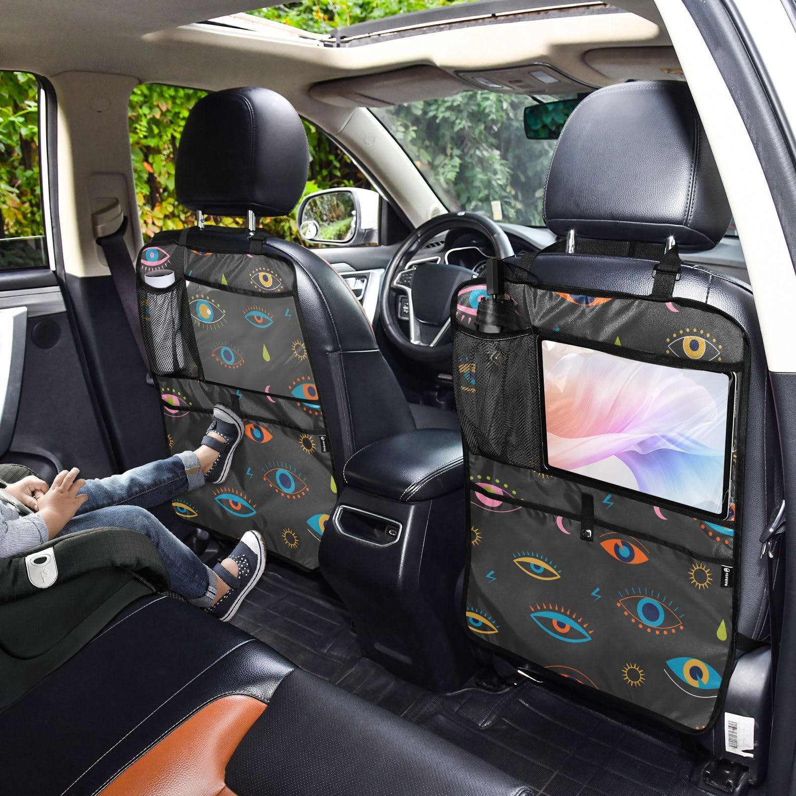 Evil Eyes Print Car Seat Back Organizer - 2 Pack Seatback Protector with Multiple Pockets for Tablet, Water Bottle, Tissues & Books (25x18 Inch) - Perfect for Road Trips, Family Travel & Daily Commute