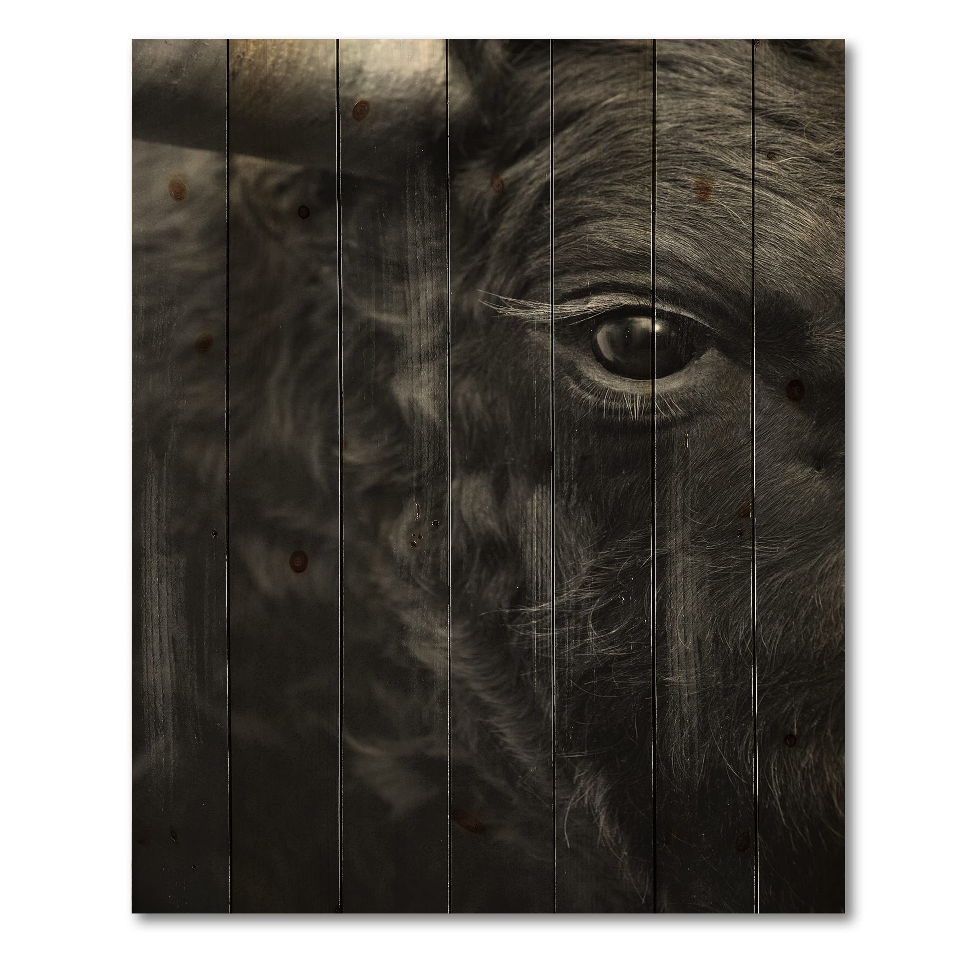 Farmhouse Wood Wall Decor - Bull Eye Design Black Wood Wall Art, Large Animal Print on Natural Pine Wood Panel for Living Room, Bedroom & Office