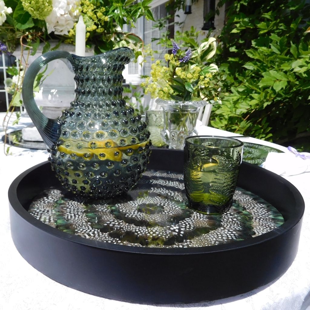 Exquisite Guinea Fowl & Green Pheasant Feather Tray - Natural Decorative Centerpiece for Home Decor, Wedding Table Setting, and Bohemian Style Interior Design