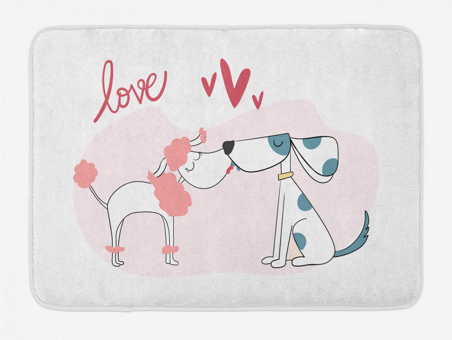 Ambesonne Valentine's Day Bath Mat - Non-Slip Plush Bathroom Rug with Cute Dog Couple & Heart Design, 29.5x17.5 Inches, White & Multicolor - Perfect for Romantic Bathroom Decor & Anniversary Gifts
