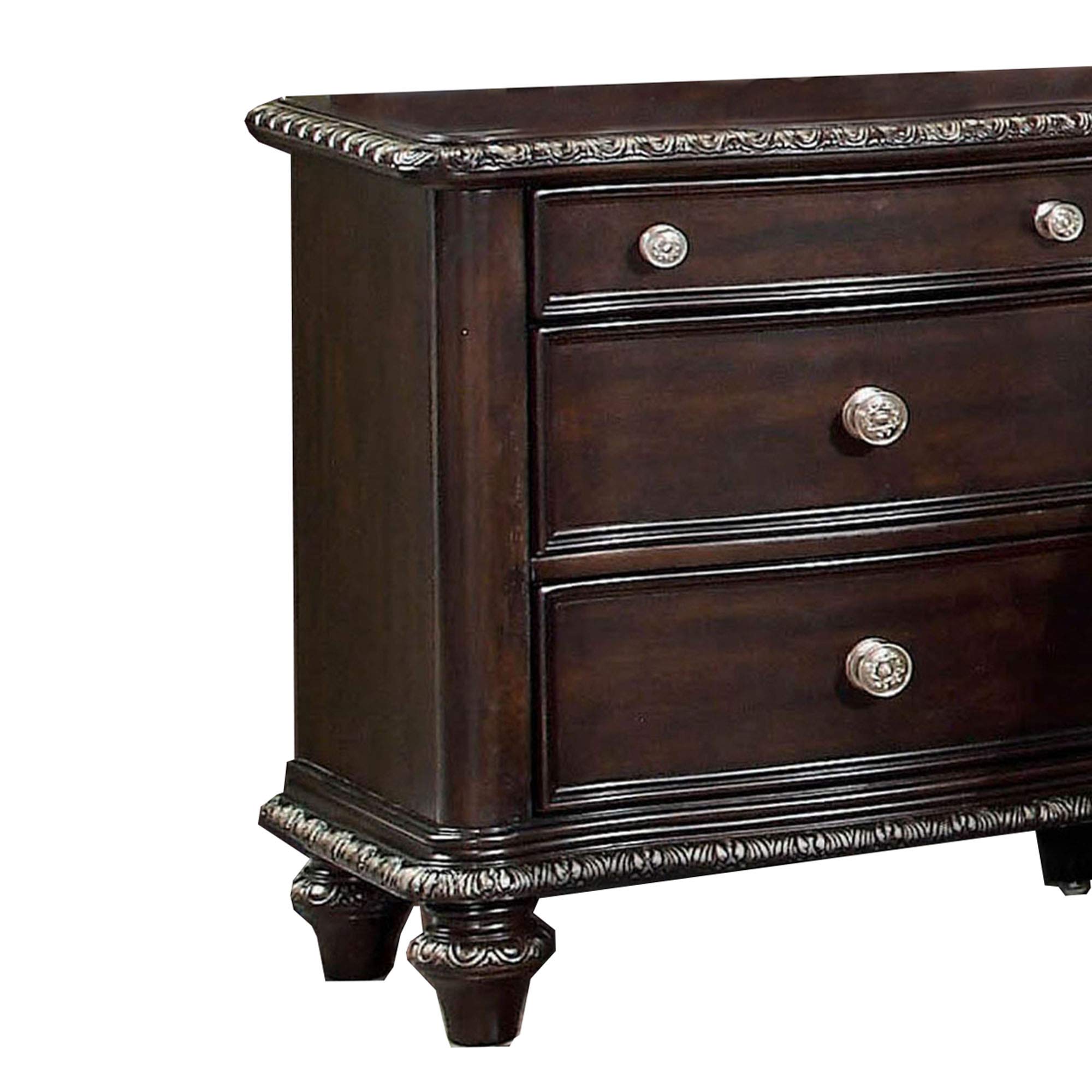 Benjara Brown Wooden Three-Drawer Nightstand with Engraved Edges & Turned Legs - Bedside Table for Bedroom, Living Room, or Guest Room Storage