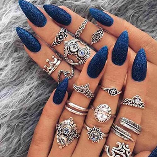 Missgrace 16 Piece Boho Rhinestone Rings Set - Vintage Silver Statement Fashion Jewelry for Women - Perfect for Beach Vacations, Summer Festivals & Boho Style Outfits