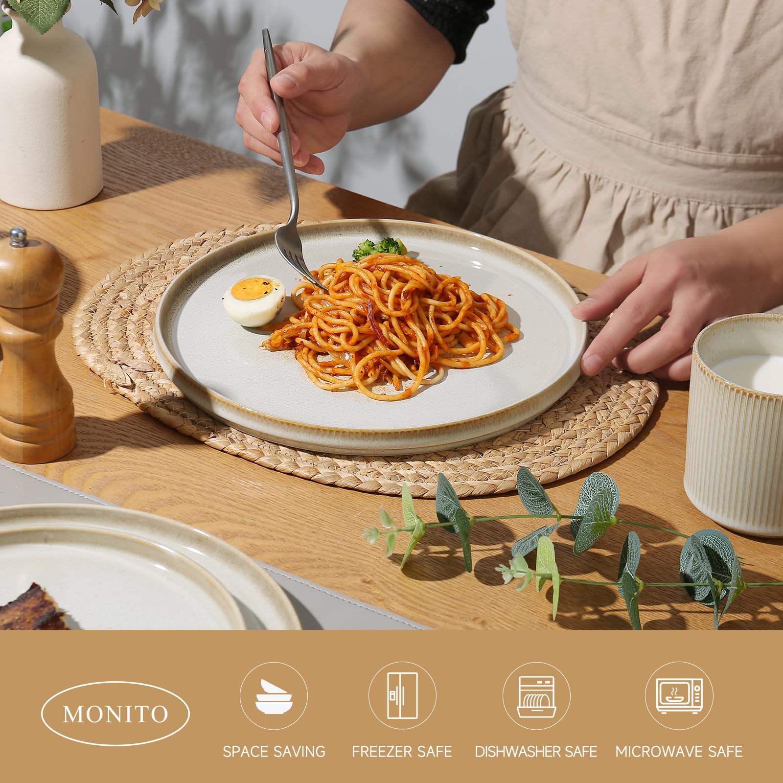 Premium 16-Piece MONITO Ceramic Dinnerware Set - Stoneware Plates & Bowls, Chip & Crack Resistant | Microwave & Dishwasher Safe | Elegant Bonbon Beige Color | Perfect for Family Dinners, Dinner Parties & Housewarming Gifts