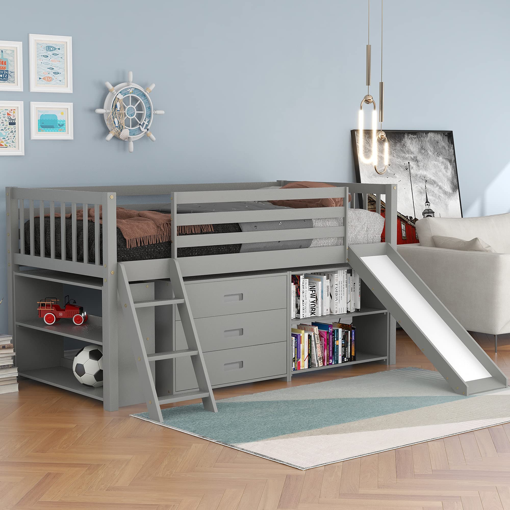 Solid Wood Low Loft Bed for Kids - Twin Size with Convertible Slide & Ladder, Wooden Loft Bed with Built-in Bookcase & 3-Tier Drawers, Space-Saving Design - Perfect for Small Bedrooms, Dorm Rooms & Kids' Play Areas