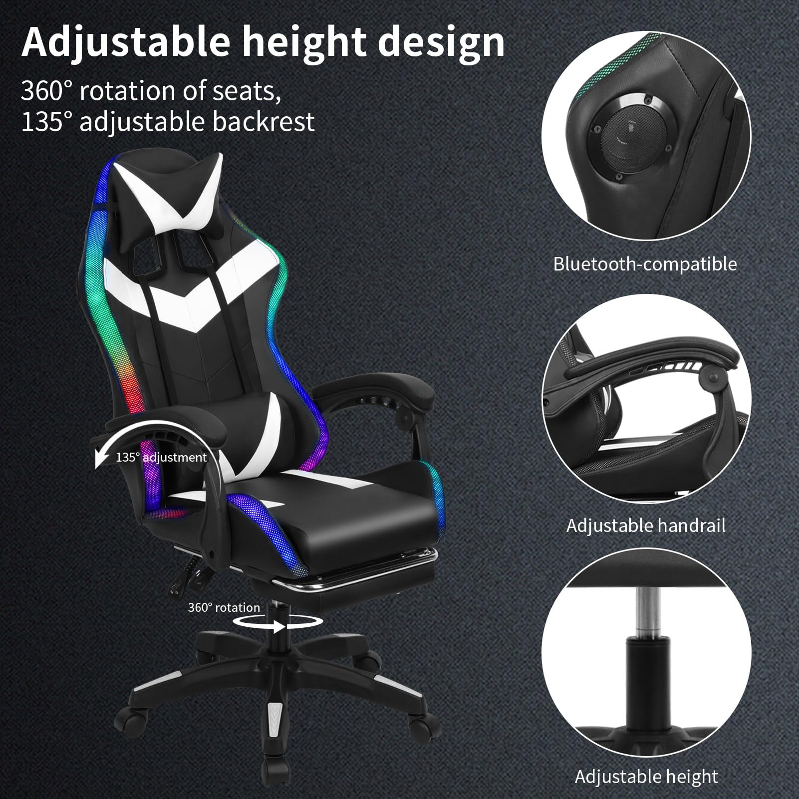 Ergonomic Gaming Chair with Footrest, Bluetooth Speakers & RGB Lights - Office Massage Chair with Pocket Spring Cushion for Adults (350lbs Capacity) - Perfect for PC Gaming, Home Office & Streaming (White & Black)