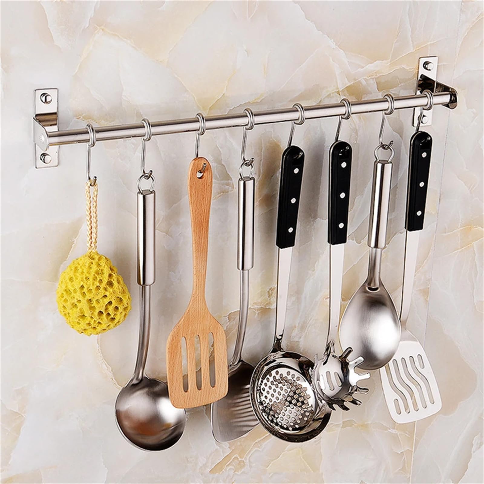 24 Inch Wall Mounted Kitchen Utensil Holder with 10 Hooks - Heavy Duty Hanging Rack for Cooking Utensils, Cups & Spoons - Perfect for Small Kitchen Organization & Space Saving