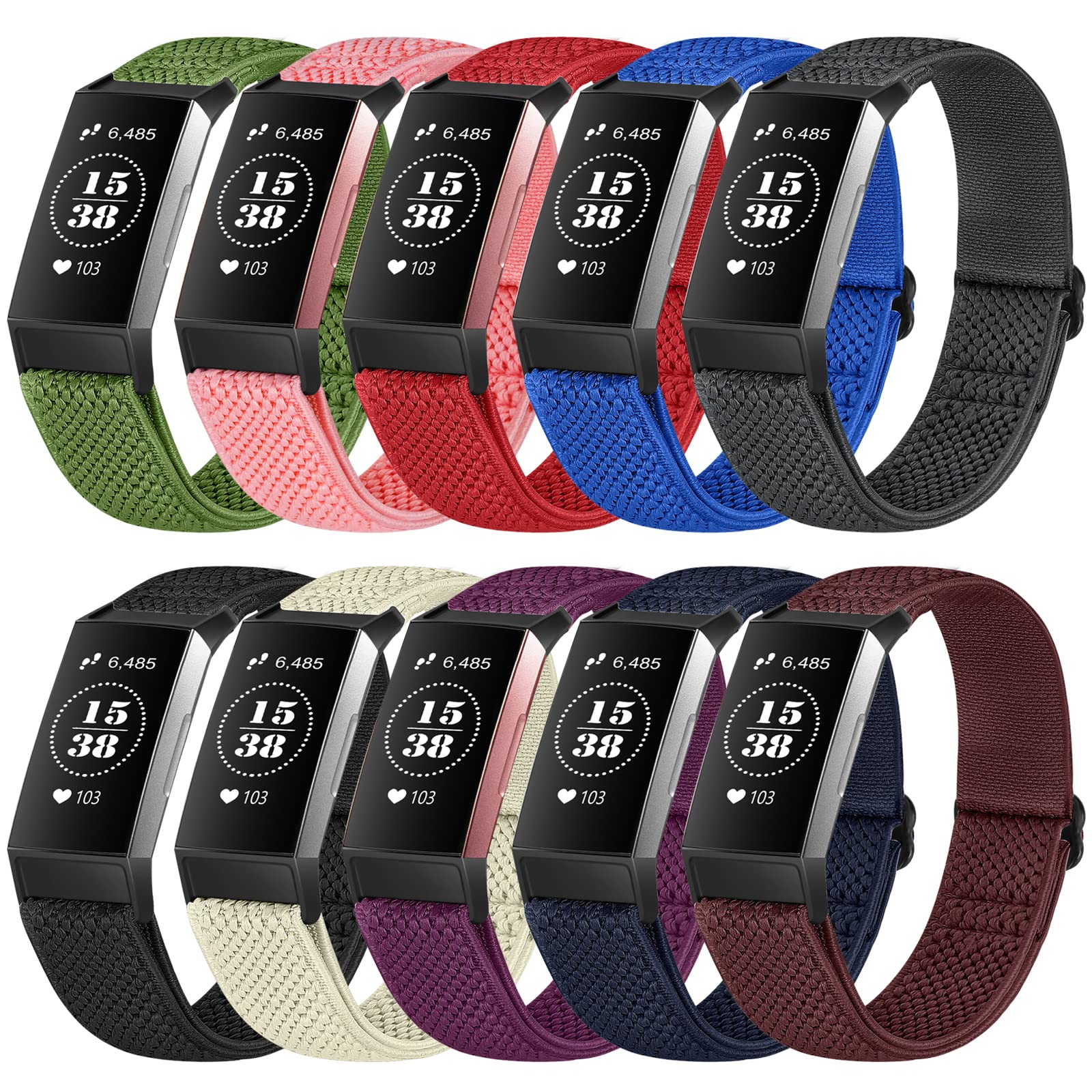 10 Pack Solo Loop Elastic Nylon Watch Bands Compatible with Fitbit Charge 4/Charge 3 - Adjustable Breathable Stretchy Replacement Wristbands for Women & Men - Perfect for Workouts, Running & Everyday Wear