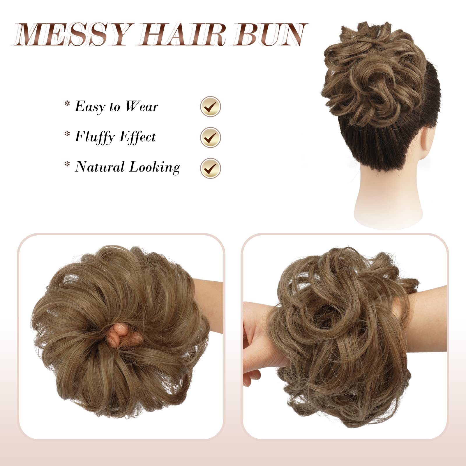 FESHFEN Updo Hairpiece - Ponytail & Bun Hair Extensions with Scrunchy, Wavy Curly Messy Donut Chignon - 12T24 Light Golden Brown & Pale Golden Blonde Ombre - Perfect for Parties, Weddings & Everyday Styling