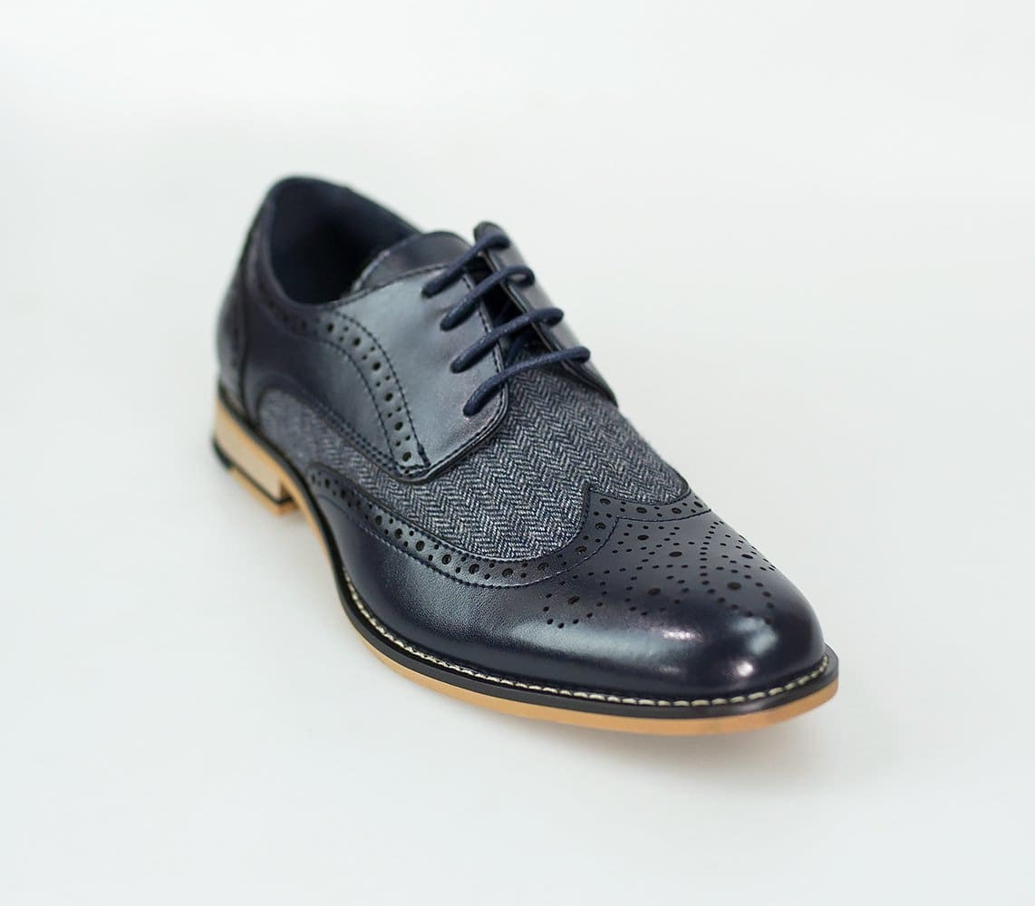 Cavani Horatio Navy Tweed Brogue Shoes for Men | Classic Oxford Dress Shoes | Perfect for Business, Weddings & Formal Occasions