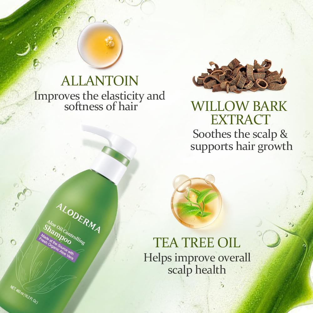 Aloderma Aloe Hair & Body Care Set - Oil Control Shampoo, Aloe Vera Gel with Tea Tree Oil (300g) for Hydration & Scalp Care | Perfect for Daily Hair Wash & Skin Moisturizing