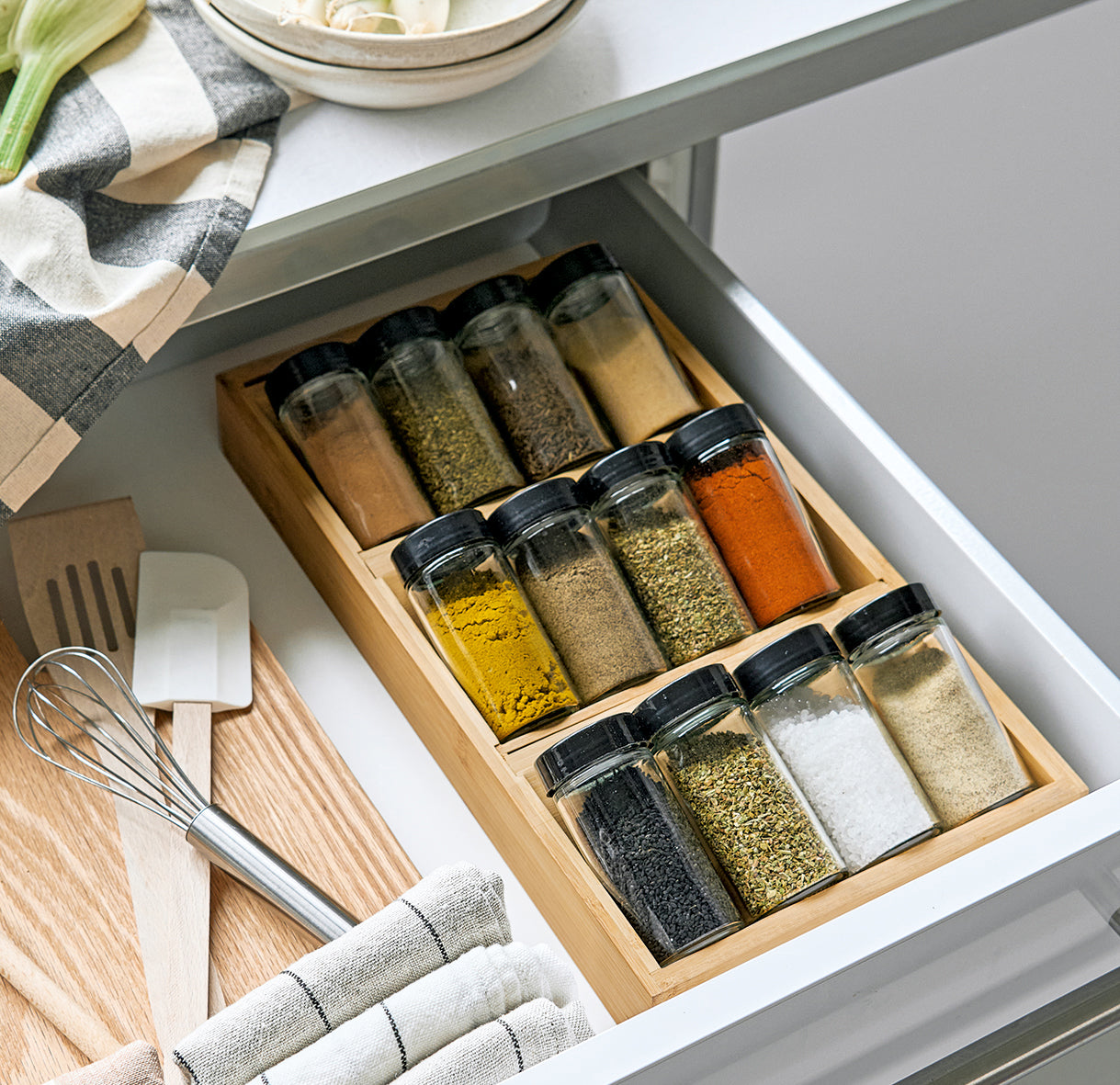 13-Piece Bamboo & Glass Drawer Spice Rack Organizer Set - Perfect for Kitchen Cabinet, Pantry, and Countertop Storage