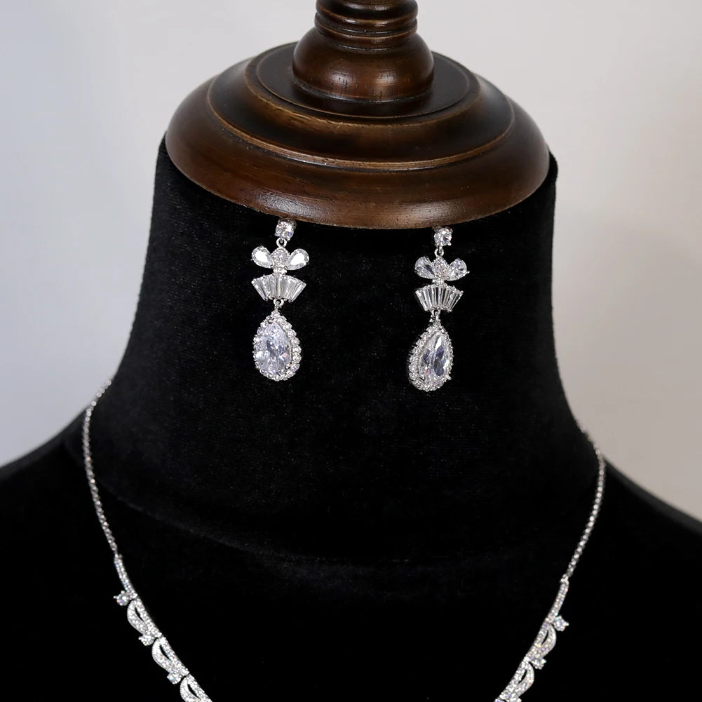 Elegant Water Drop Necklace and Earring Set for Women - Adjustable Length Sterling Silver Jewelry Gift for Birthday, Anniversary, Wedding & Special Occasions