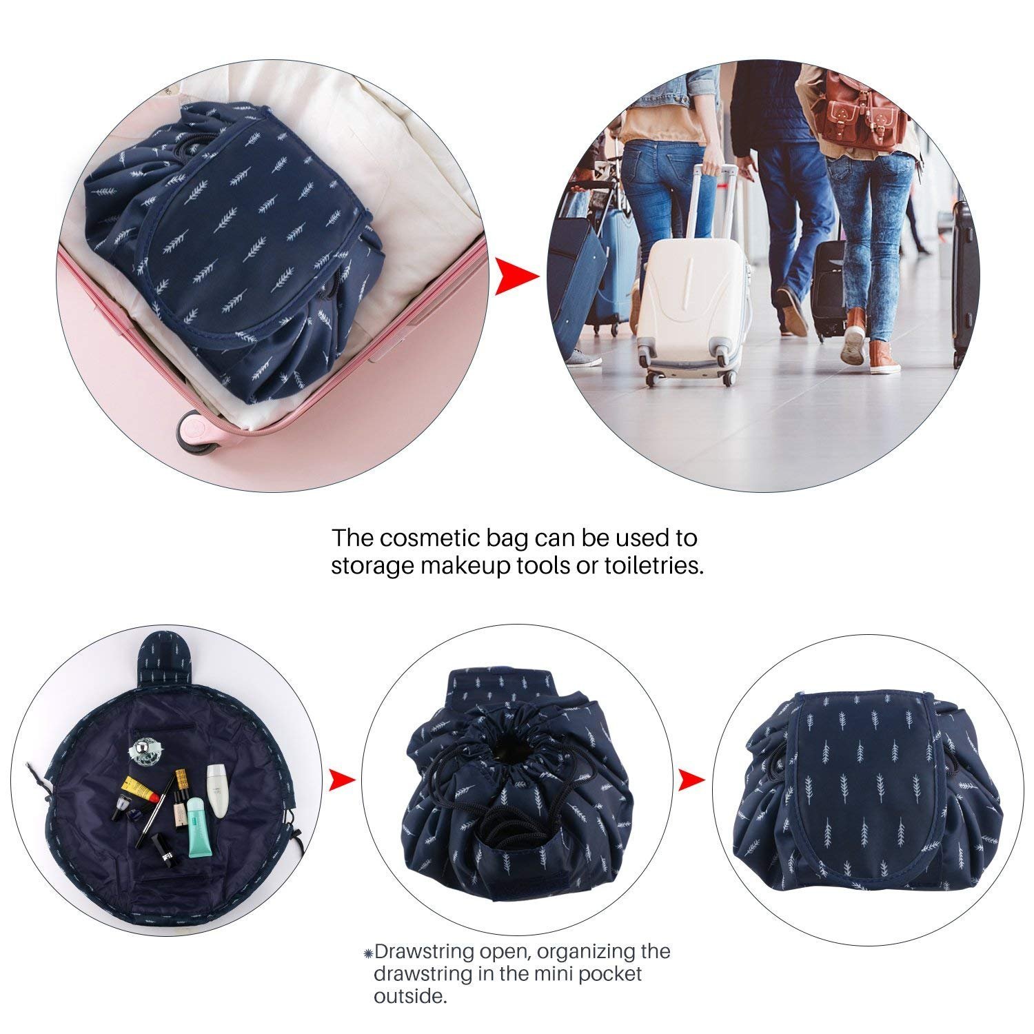 Dark Blue Leaf Drawstring Makeup Bag - Portable Travel Cosmetic Pouch for Toiletries & Multifunctional Storage | Perfect for Travel, Gym & Daily Organization