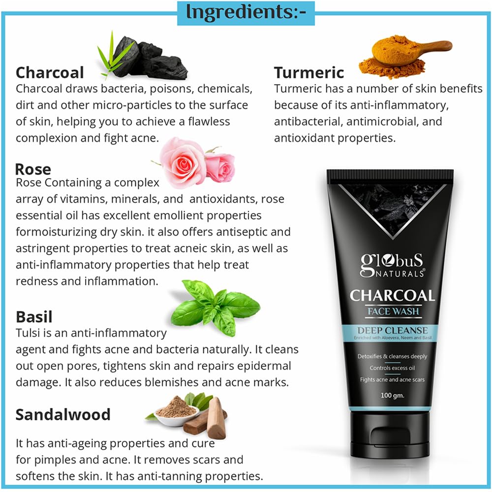 Globus Naturals Charcoal Detoxifying Face Wash & Peel Off Mask Set - Deep Cleansing, Exfoliation, Anti-Acne Treatment for Men & Women | Blackhead Removal, Pimple Control | Perfect for Daily Skincare & Spa Nights at Home