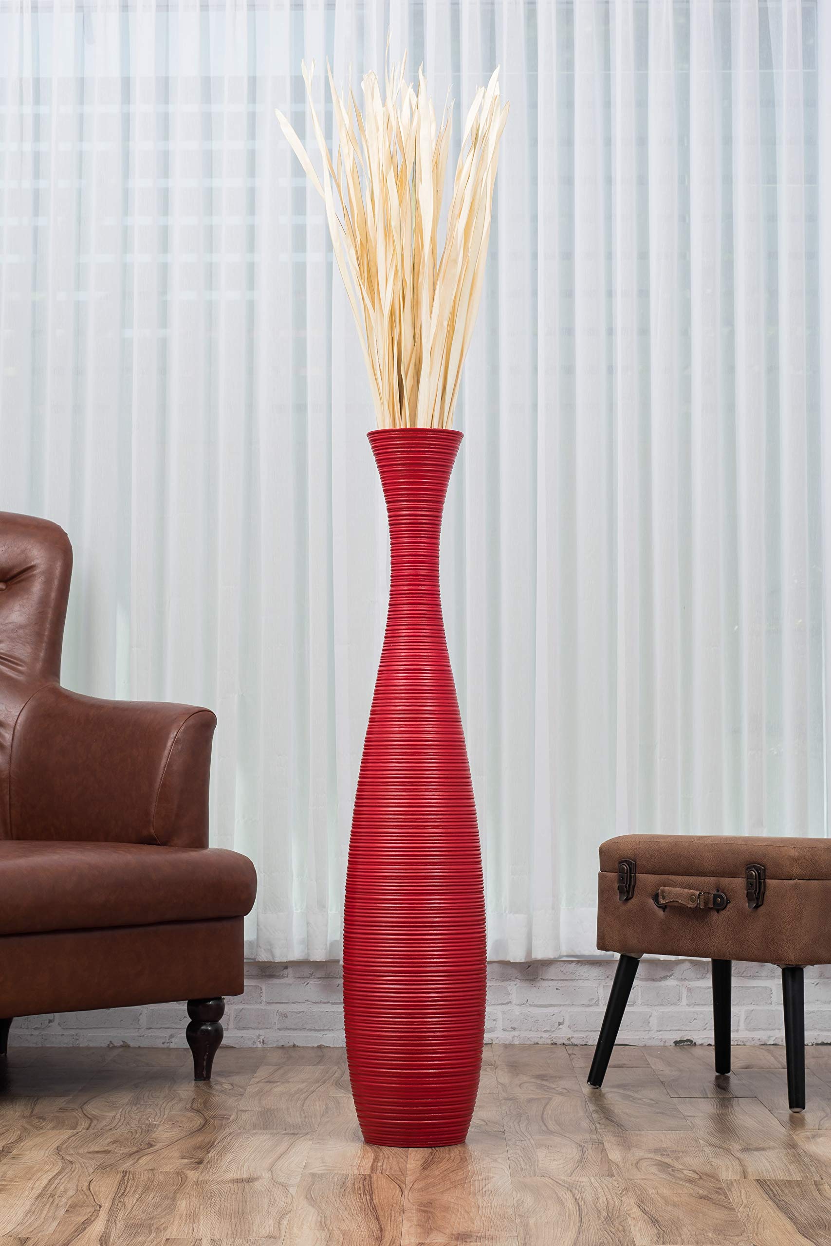 Leewadee 43 Inch Large Red Wooden Floor Vase - Farmhouse Home Decor for Flowers, Fake Plants & Pampas Grass - Perfect for Living Room, Entryway & Wedding Decor