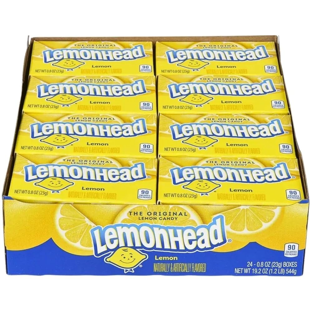 Lemonhead Hard Lemon Candy - 24 Pack of 0.8oz Boxes | Sour & Sweet Lemon Flavored Candies for Parties, Halloween Treats, Office Snacks & Movie Night