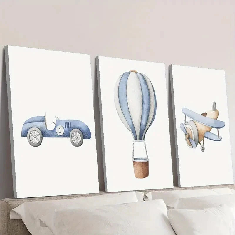3-Piece Cartoon Vehicles Wall Art Set - Cars & Hot Air Balloons Framed Canvas 40x60cm | High Quality Print | 100% Australian Made | Ready to Hang | Perfect for Kids' Room & Nursery Decor