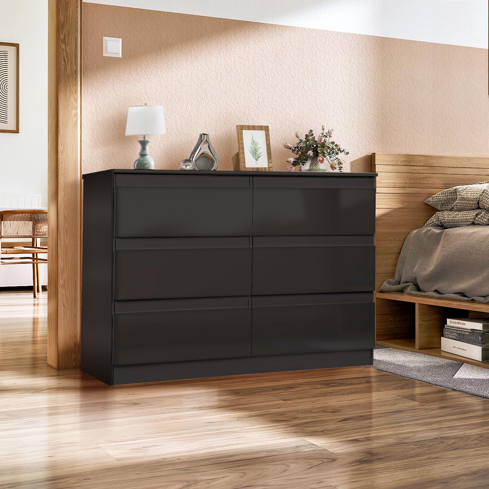 6-Drawer Wooden Dresser for Bedroom - Black Large Storage Cabinet with Chest of Drawers (47.2