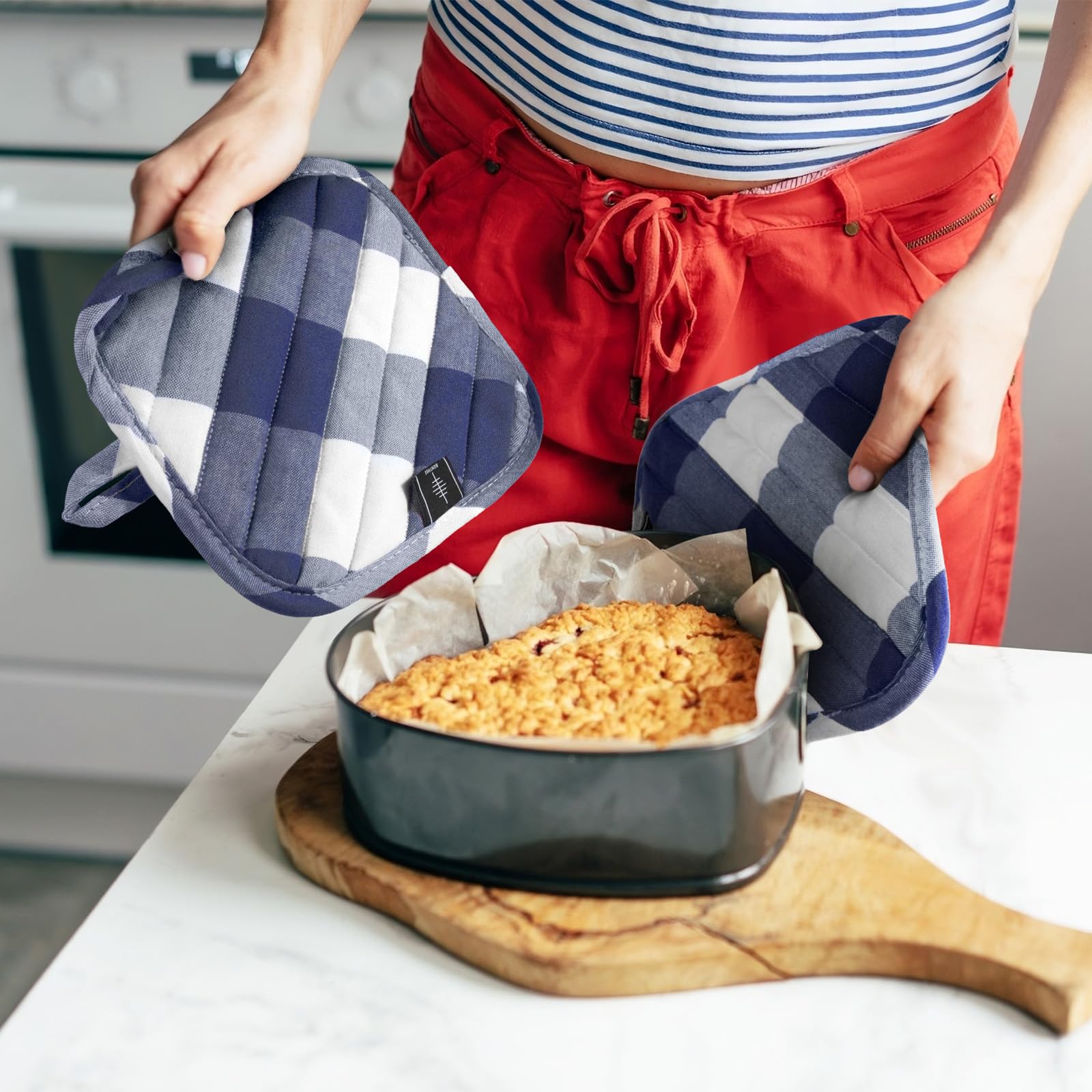 Heat Resistant Kitchen Pot Holders - 2PCS Blue Plaid Cotton Oven Mitts for Cooking, Baking & Countertop Protection - Perfect for Grilling, Serving Hot Dishes & Home Decor