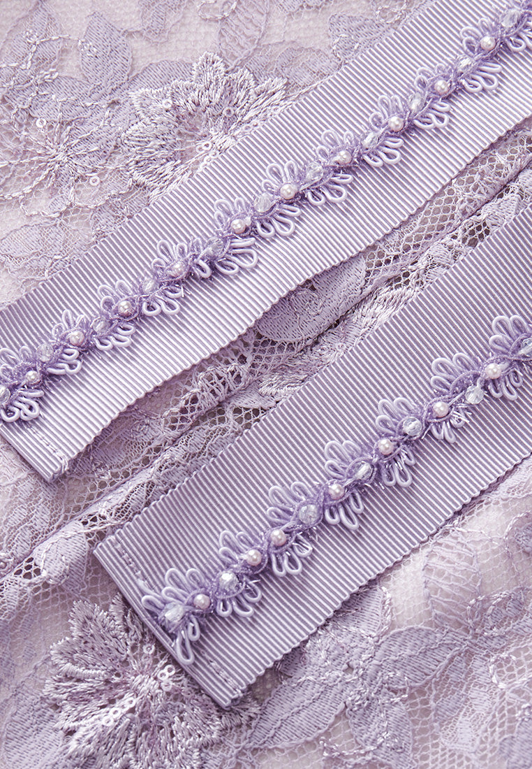 Elegant Lilac Tie Belt Lace Dress for Women - Perfect for Weddings, Parties & Special Occasions
