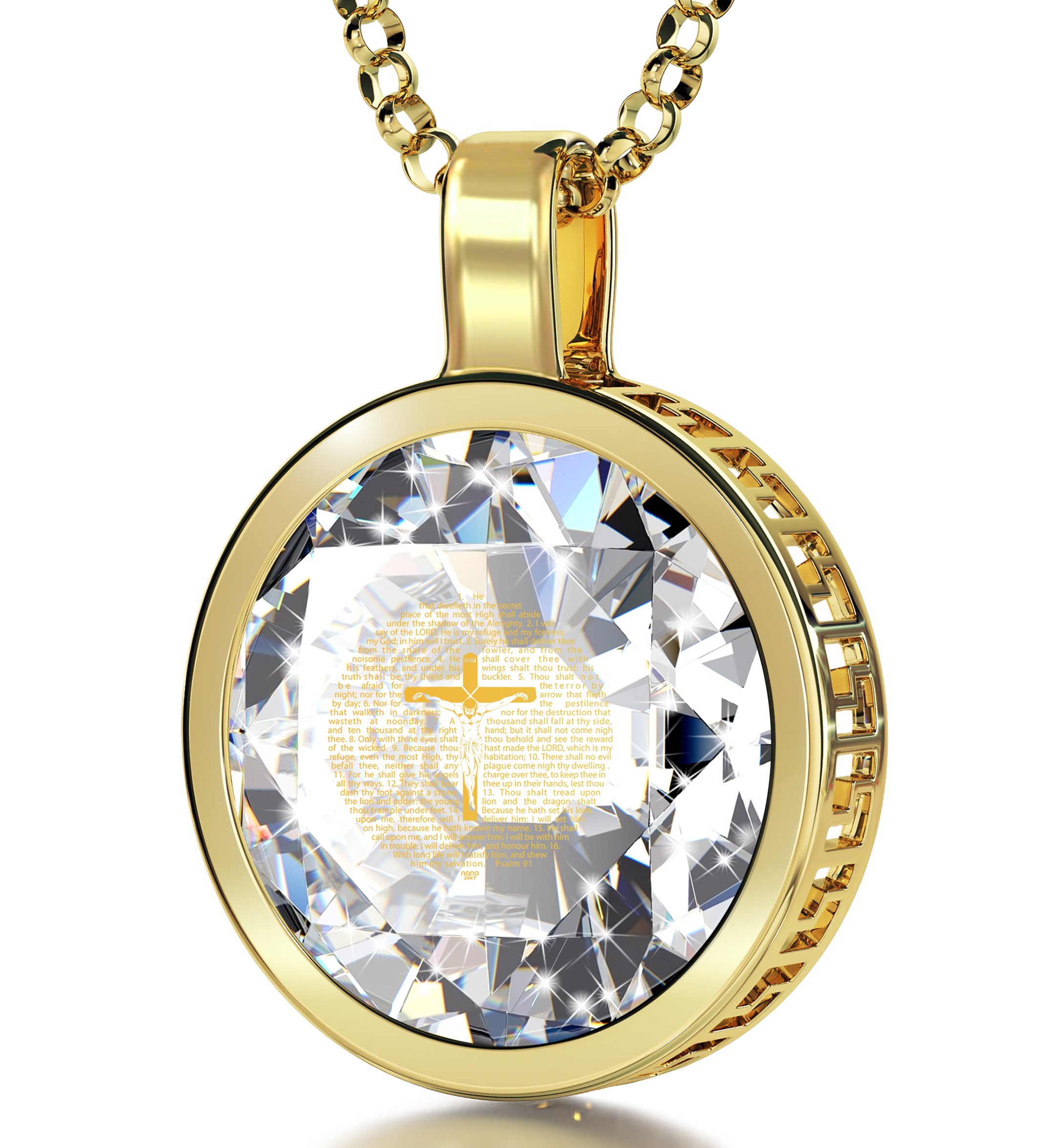 24K Gold Plated Christian Crucifix Necklace with Psalm 91 Engraved on Cubic Zirconia Pendant - 18