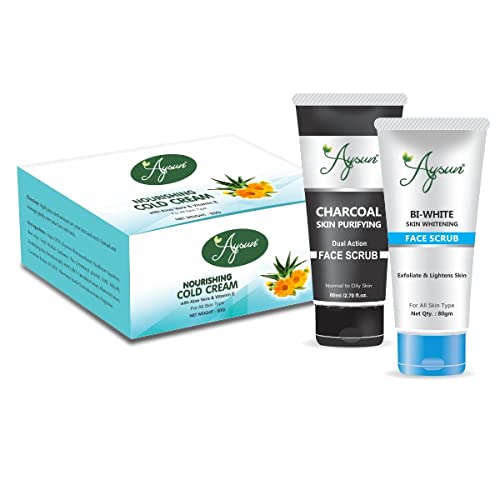 Aysun Nourishing Cold Cream & Charcoal Facial Scrub + BI-White Face Scrub 3-Piece Combo Set | Deep Cleansing & Brightening Skincare Kit for Acne-Prone & Dull Skin | Perfect for Daily Face Care Routine & Spa Night