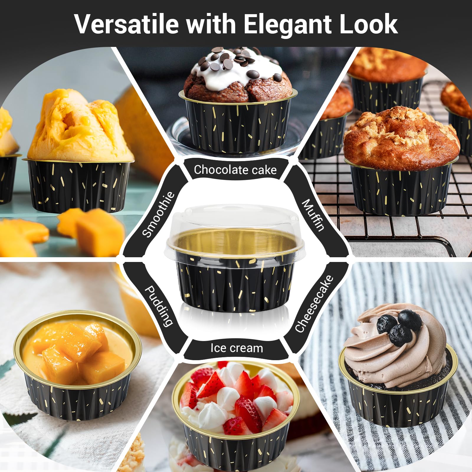 EUSOAR 100pcs 5oz Aluminum Foil Baking Cups with Lids - 125ml Muffin Liners for Cupcakes, Puddings & Desserts | Perfect for Home Baking, Party Treats & Holiday Cooking